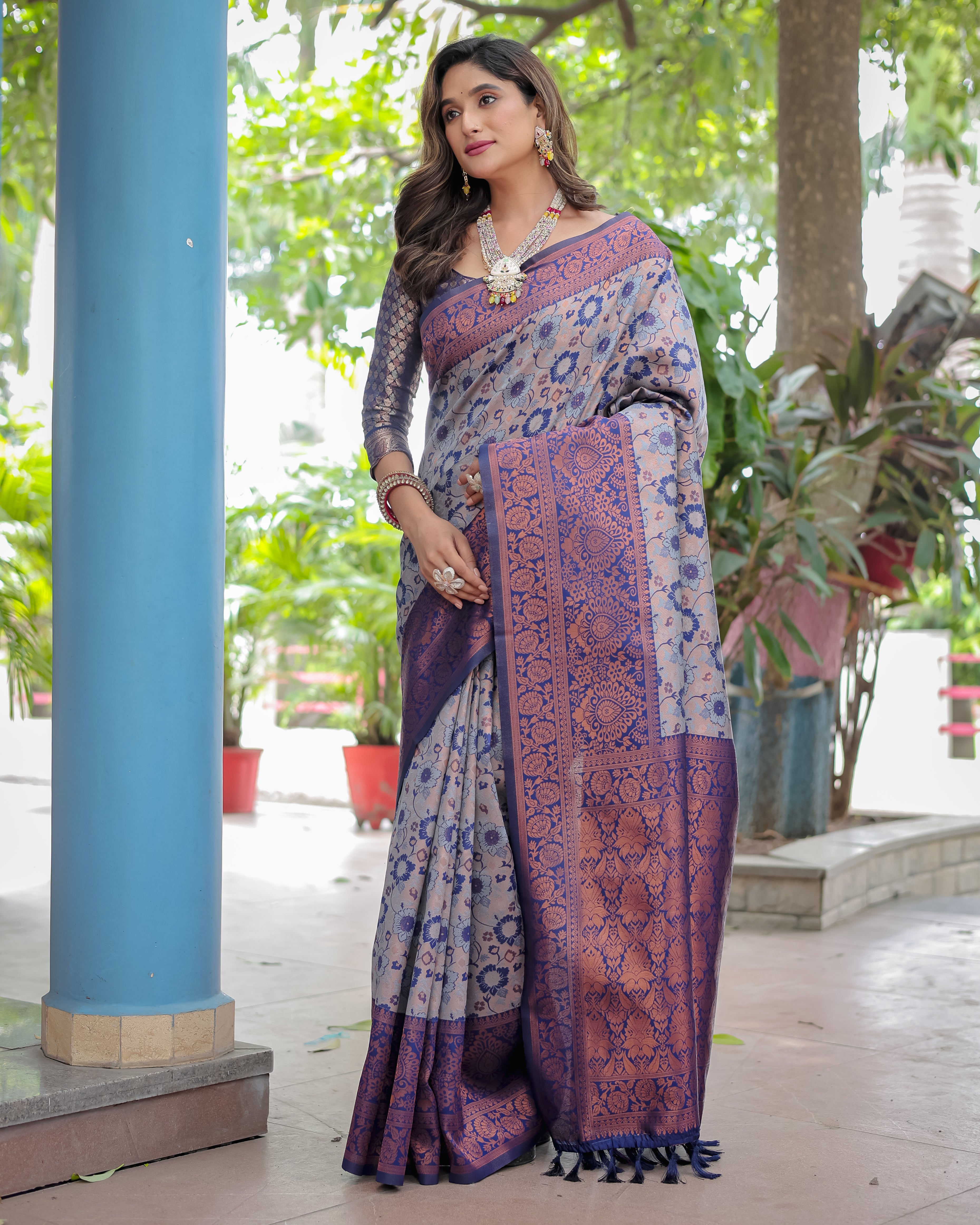 Gray and Purple Designer Tassels Banarsi Silk Saree