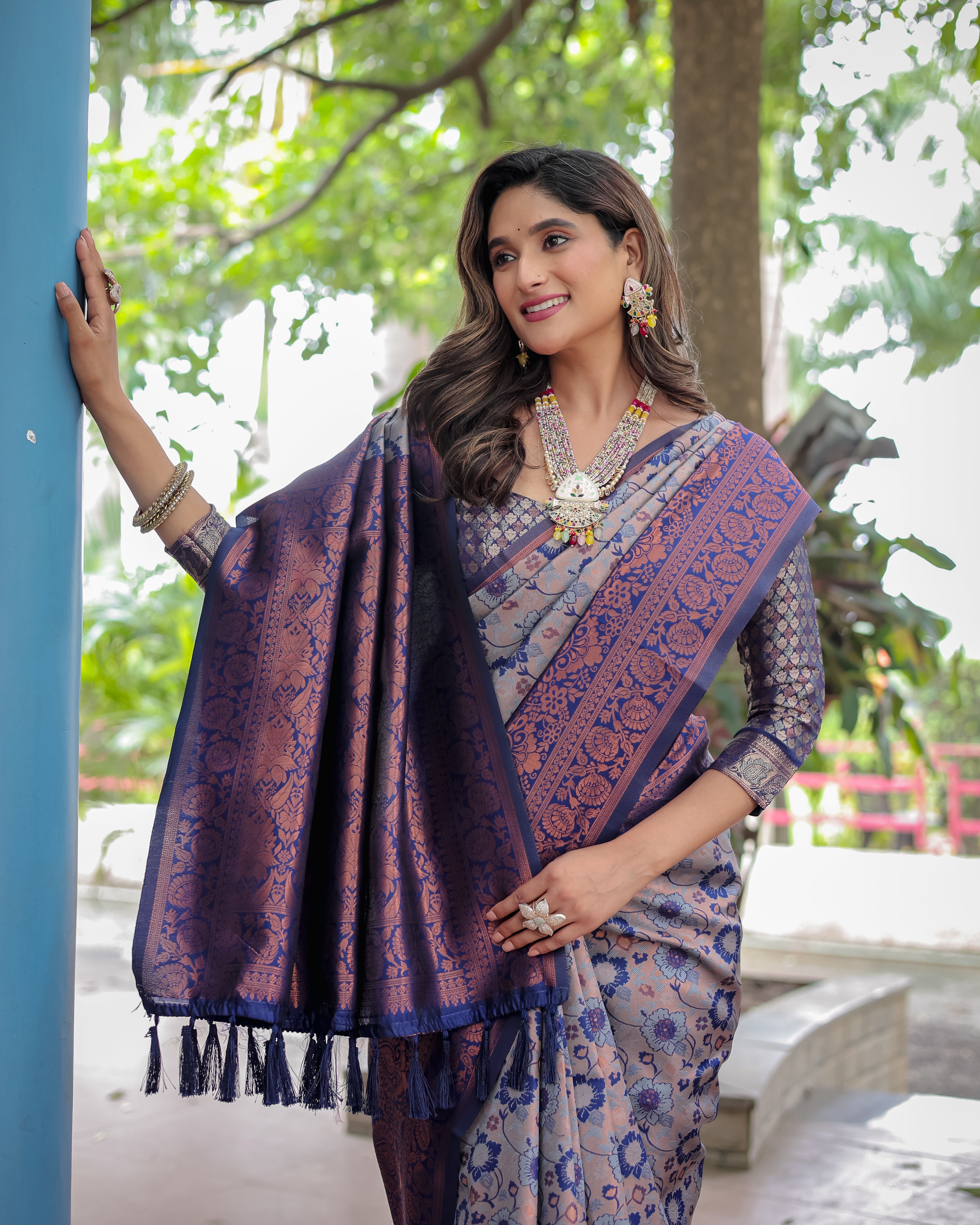 Gray and Purple Designer Tassels Banarsi Silk Saree