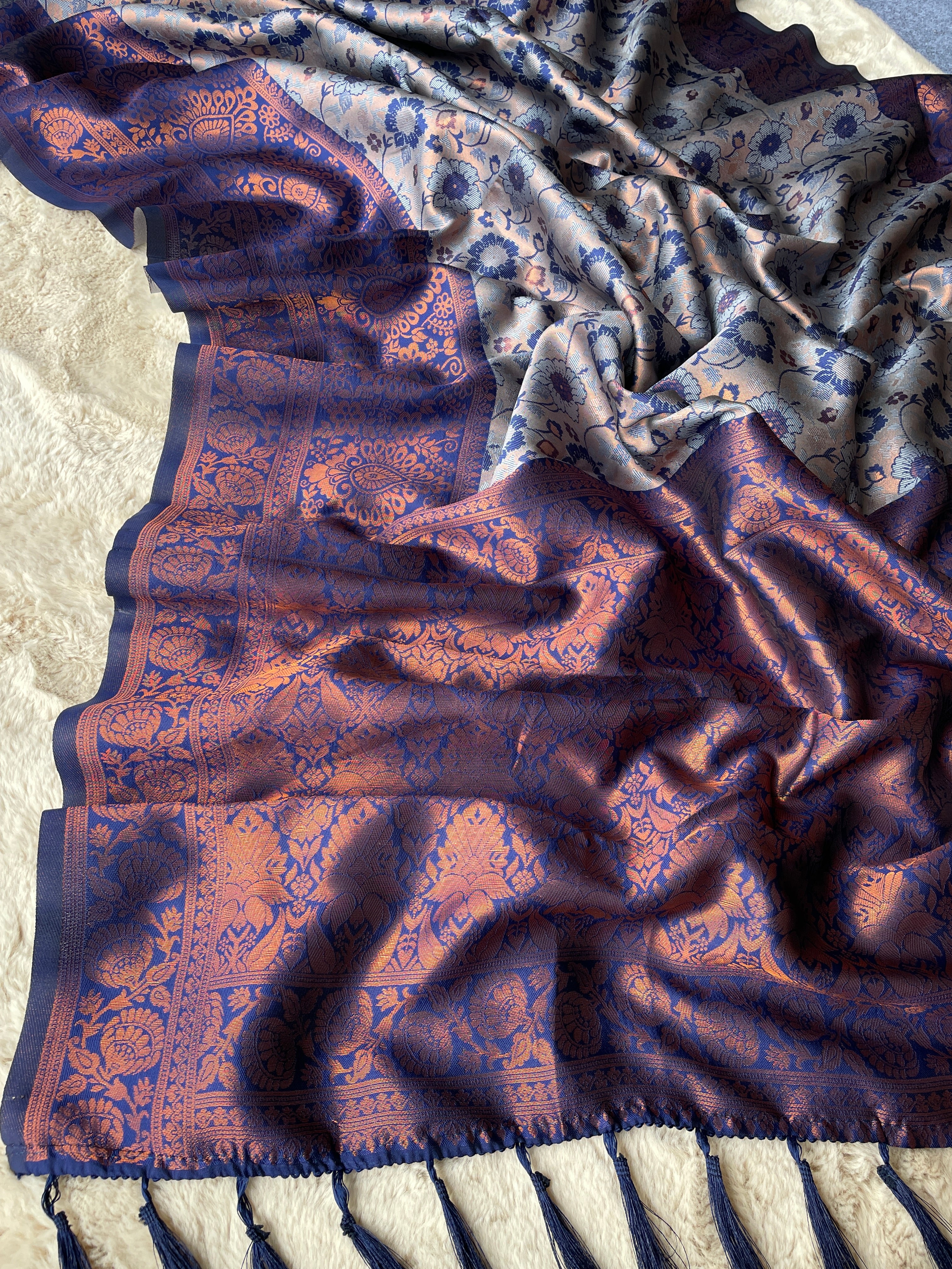 Gray and Purple Designer Tassels Banarsi Silk Saree