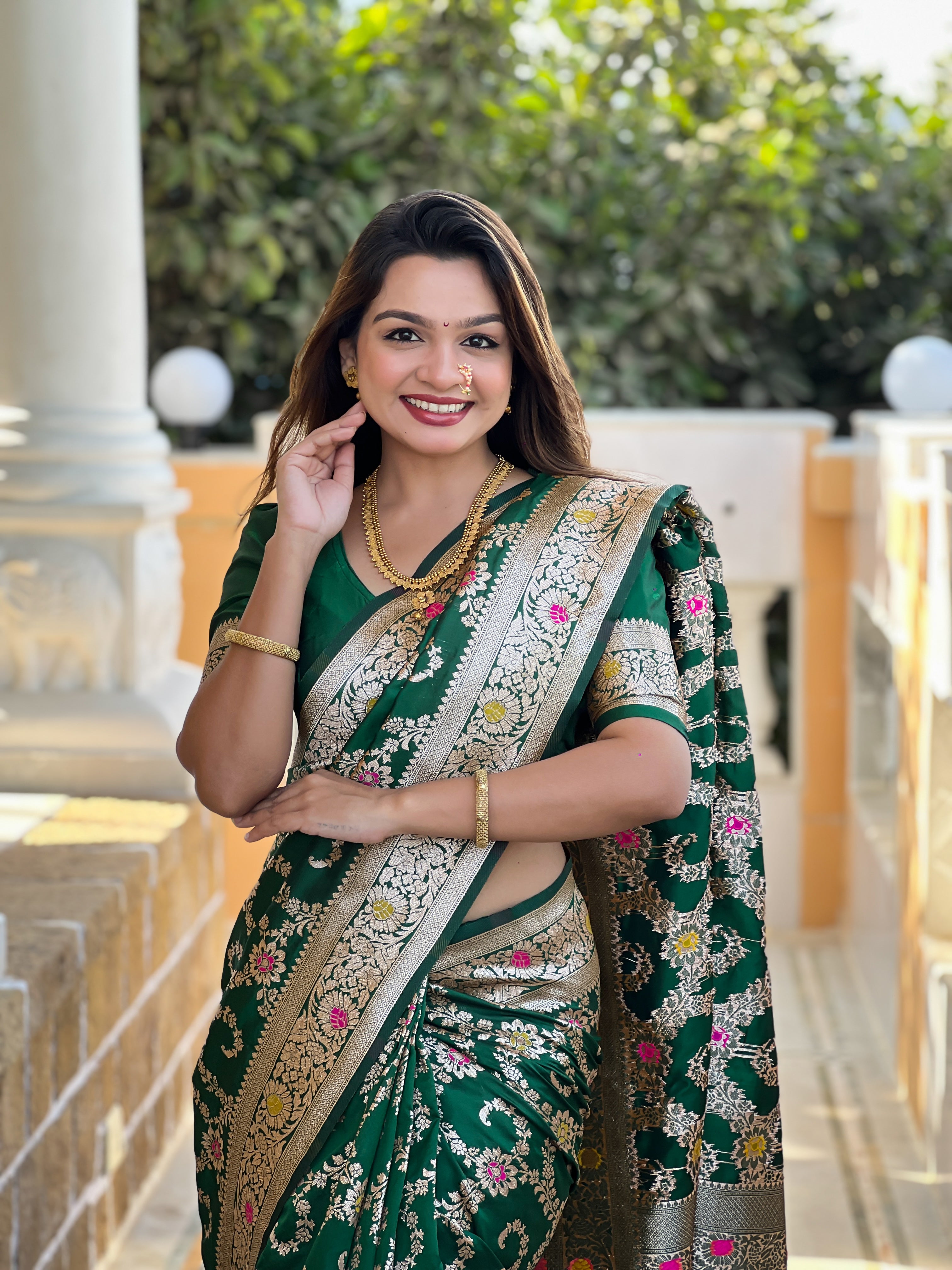 Green Soft Banarasi Silk Saree with Zari Weaving Meenakari