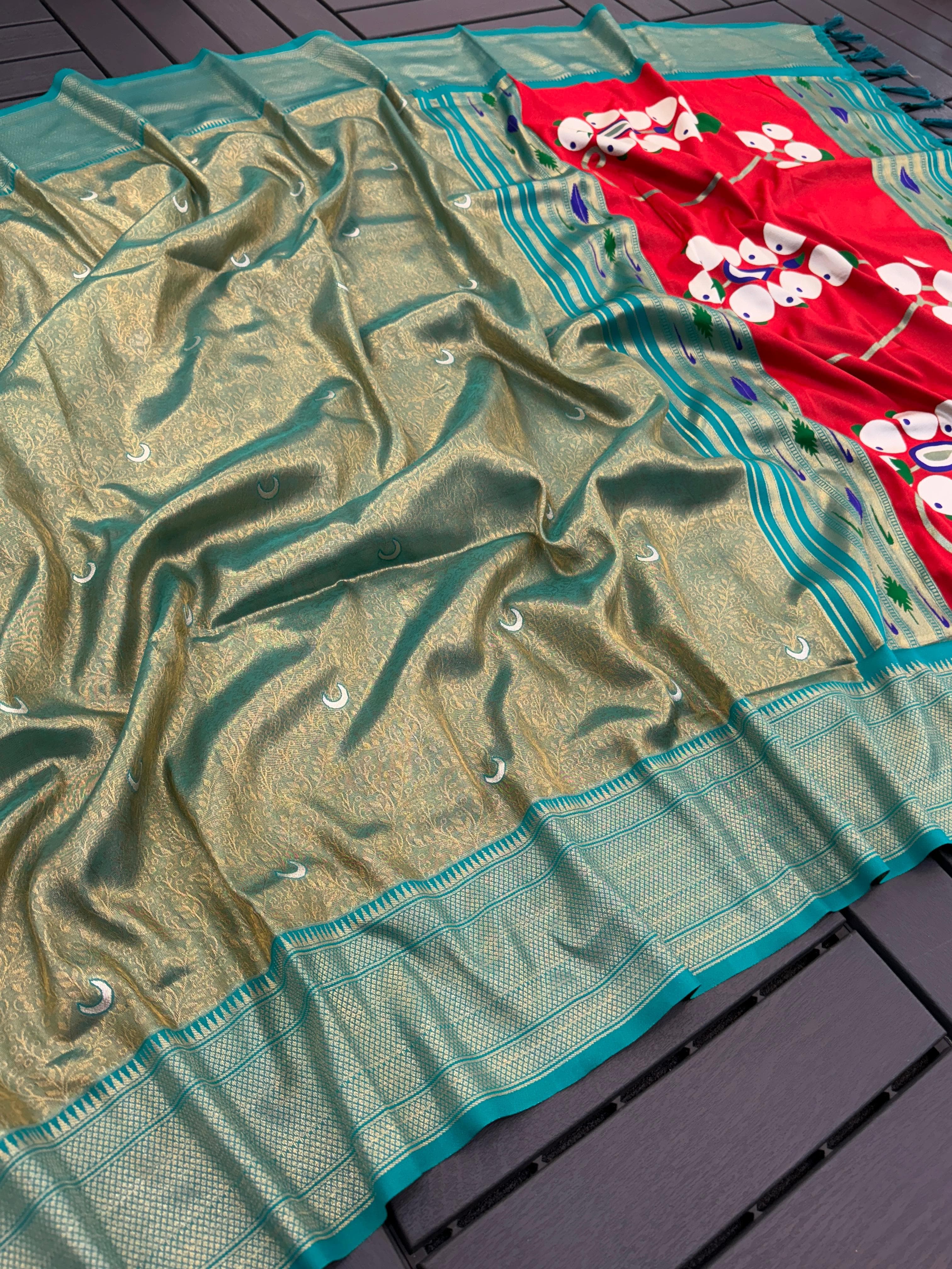Greenish Gray Pure Soft Tissue Silk Paithani Saree