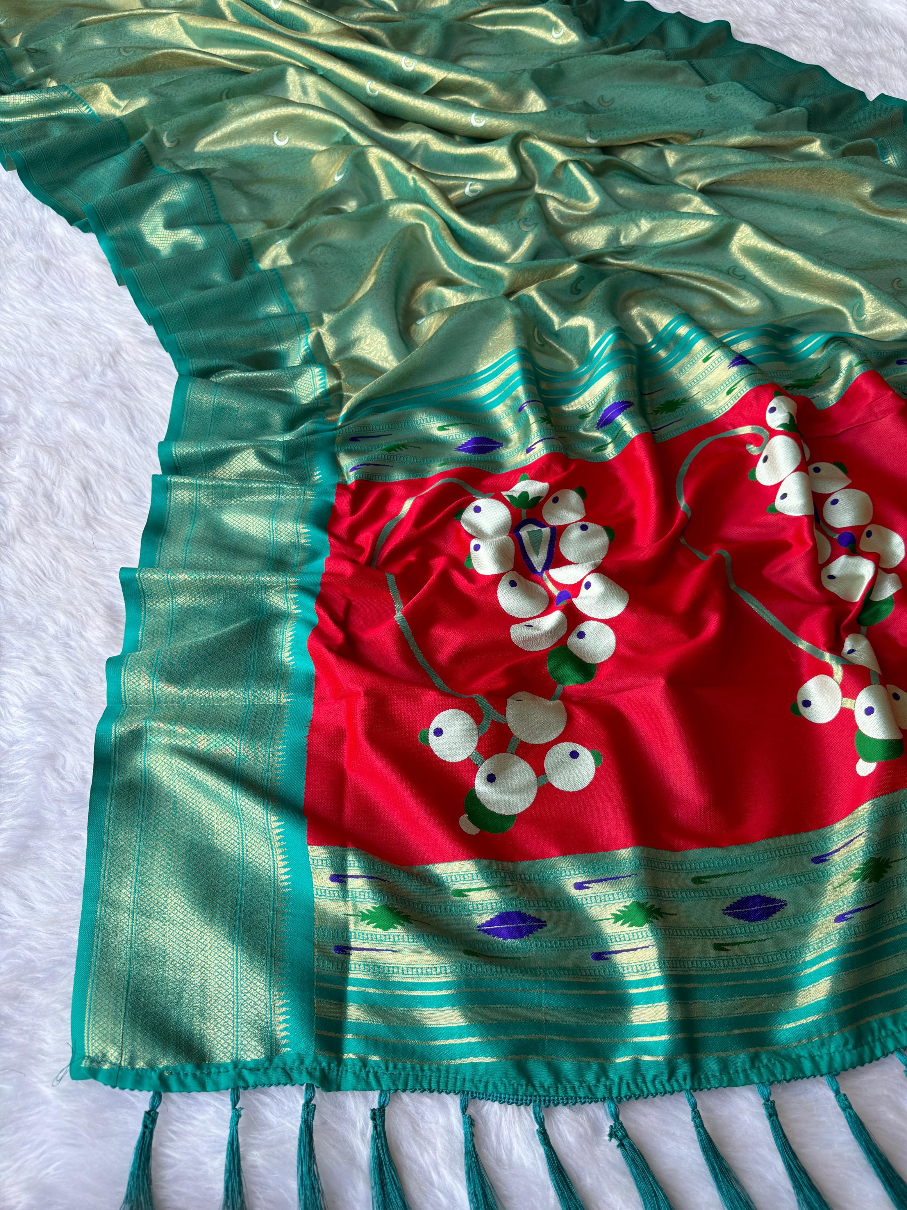 Greenish Gray Pure Soft Tissue Silk Paithani Saree