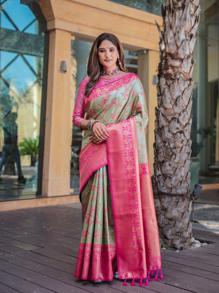 Greeny Grey Dharmavaram Silk Rich Pallu Pure Zari Saree