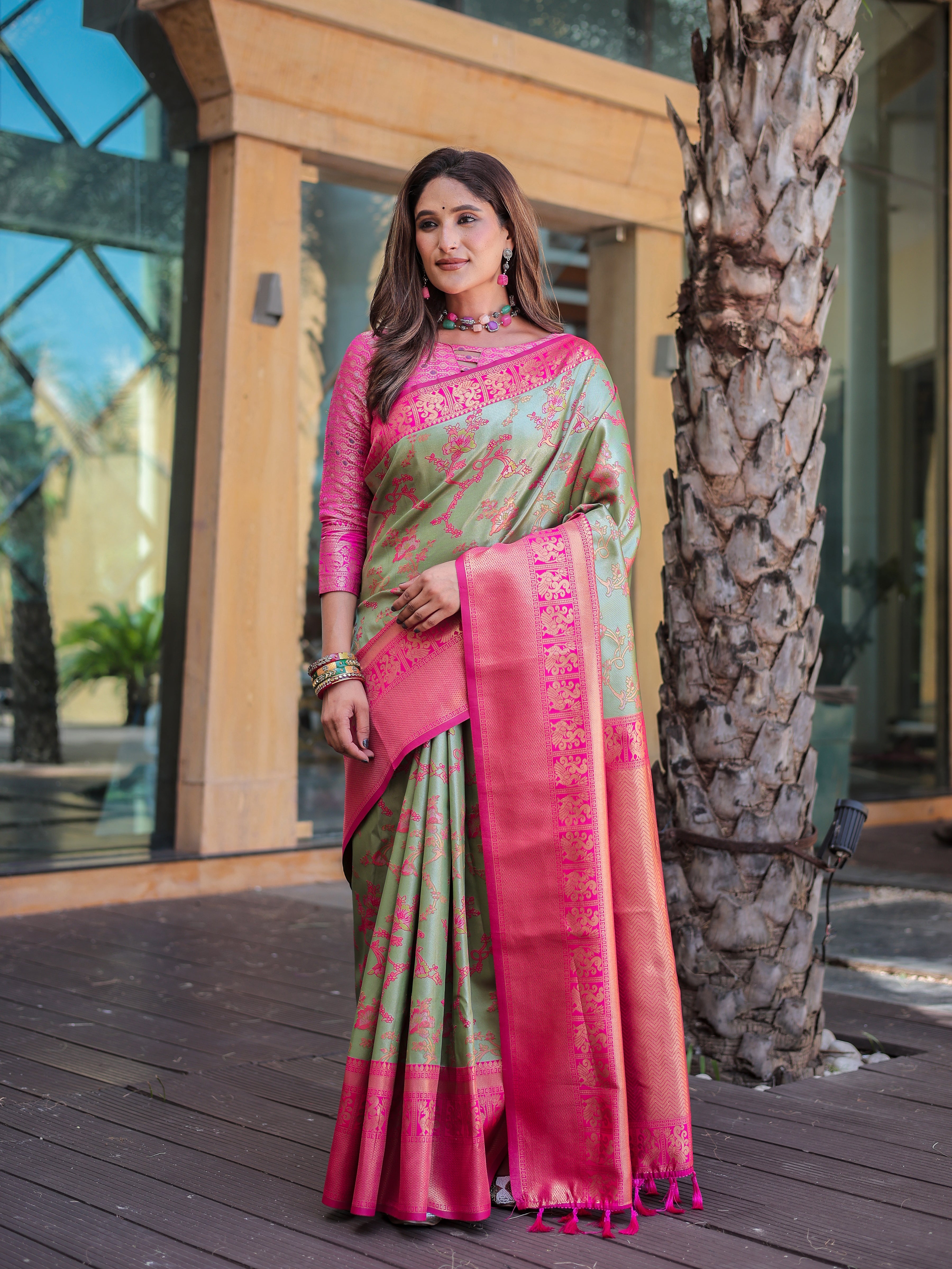 Greeny Grey Dharmavaram Silk Rich Pallu Pure Zari Saree