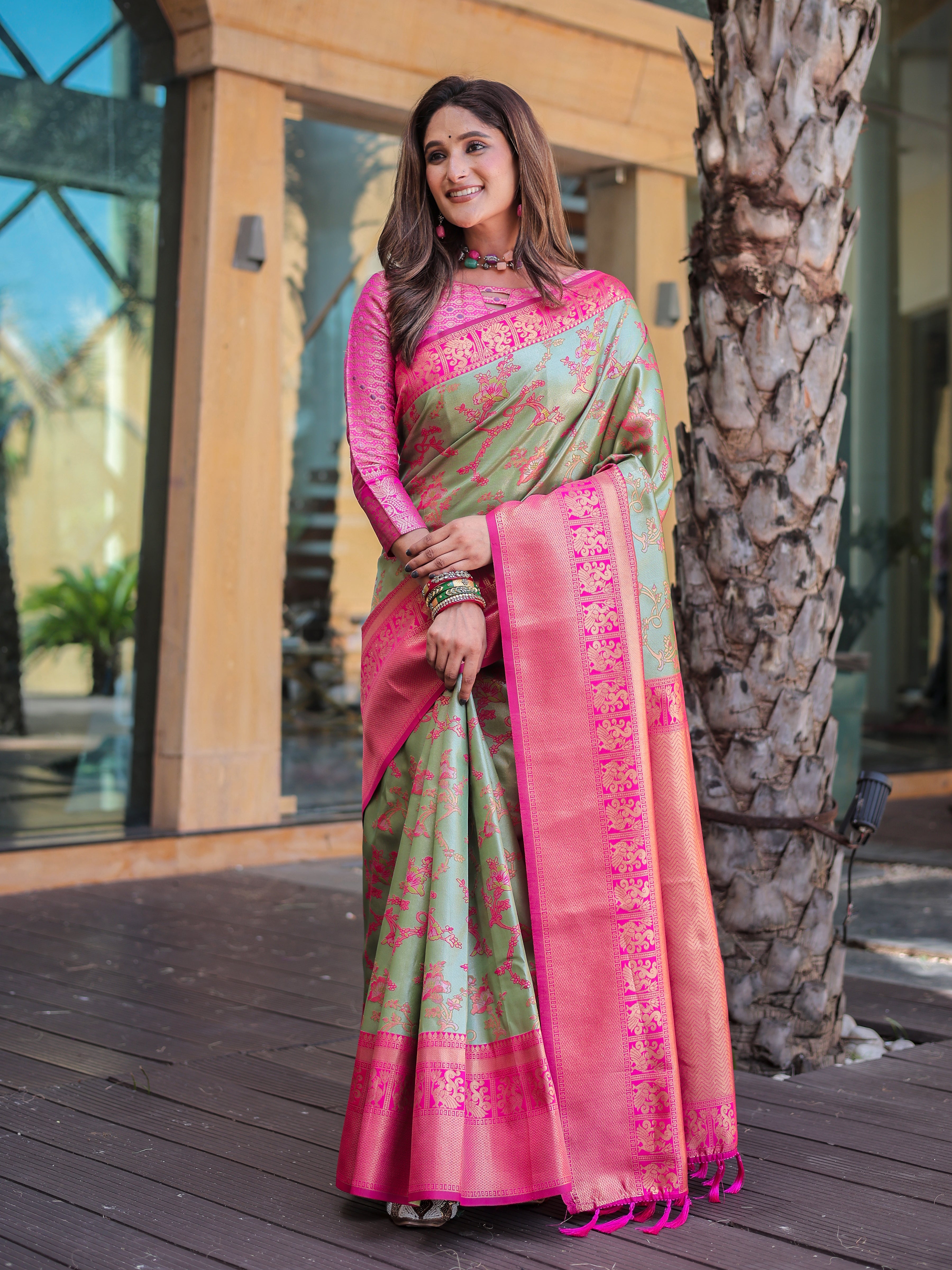 Greeny Grey Dharmavaram Silk Rich Pallu Pure Zari Saree