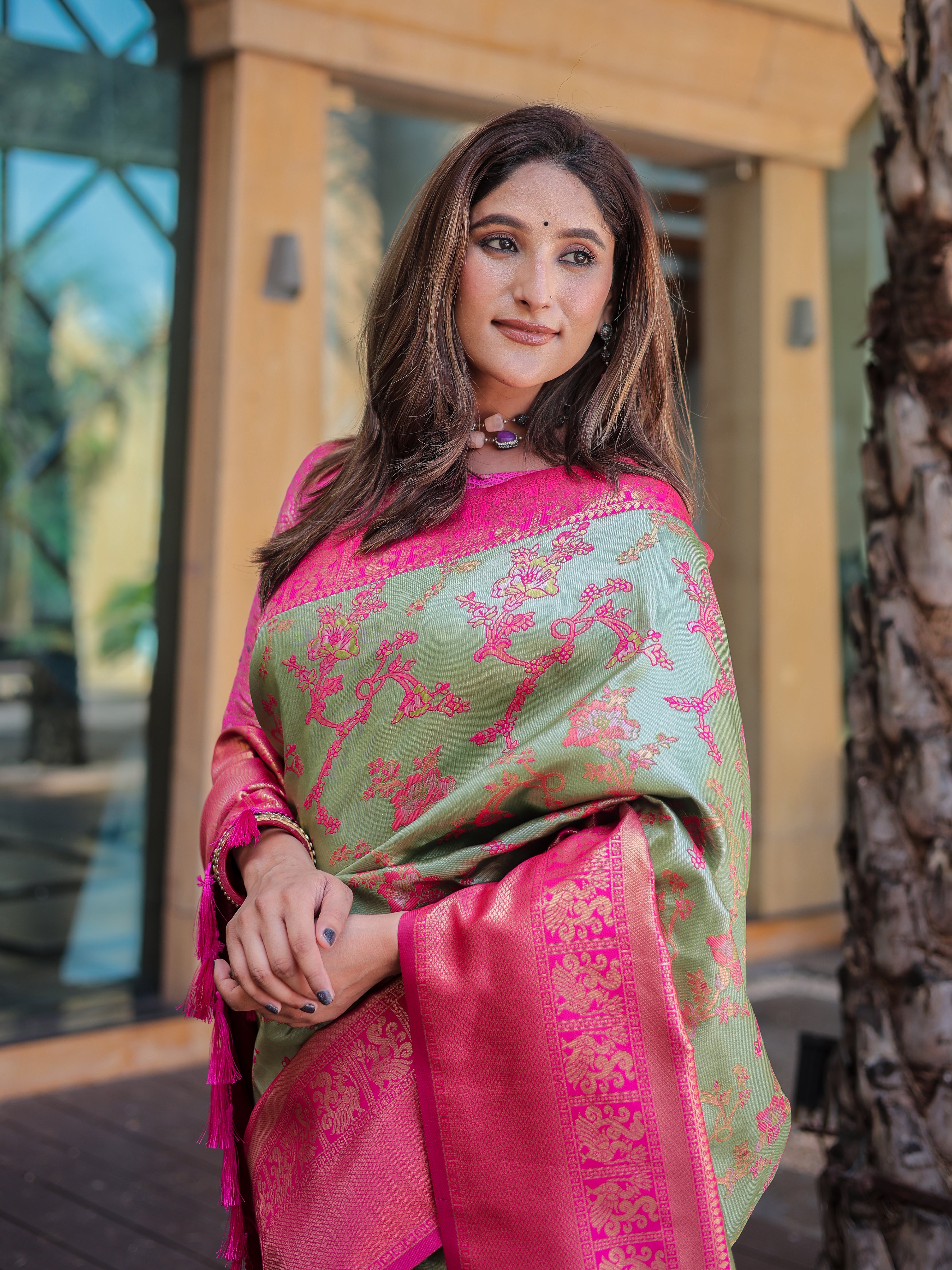 Greeny Grey Dharmavaram Silk Rich Pallu Pure Zari Saree