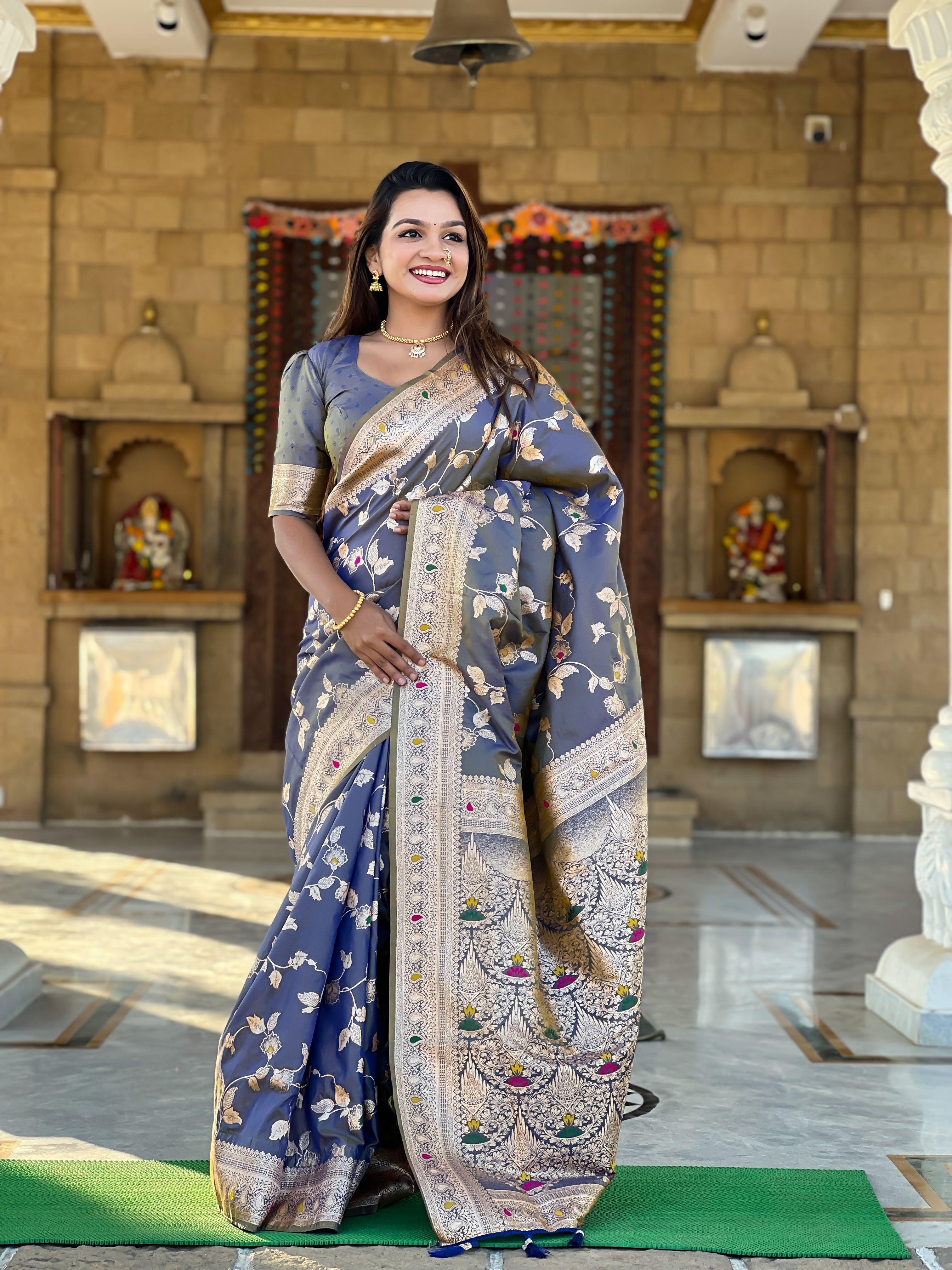 Grey Zari Embroidered Banarasi Silk Saree