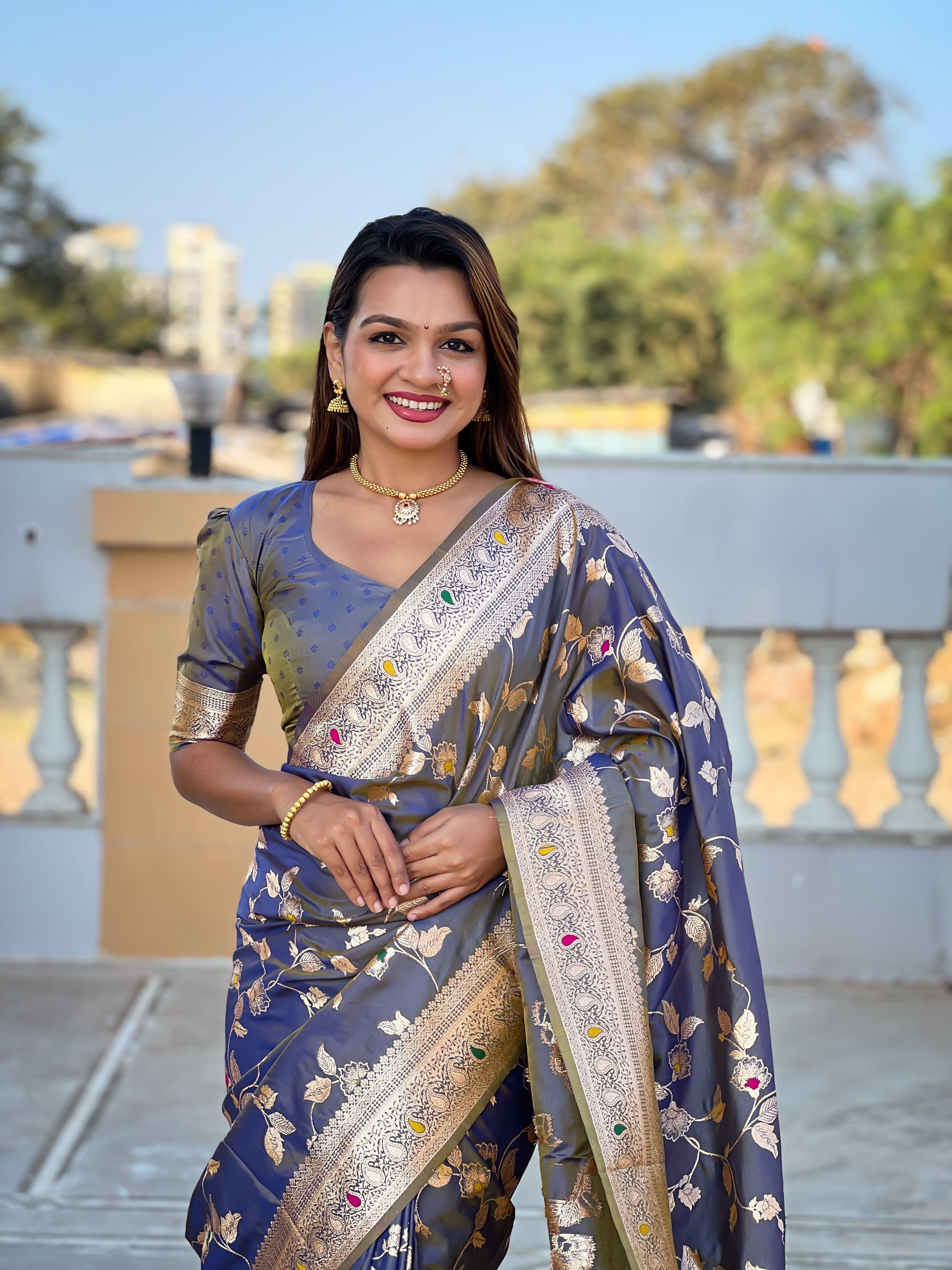 Grey Zari Embroidered Banarasi Silk Saree