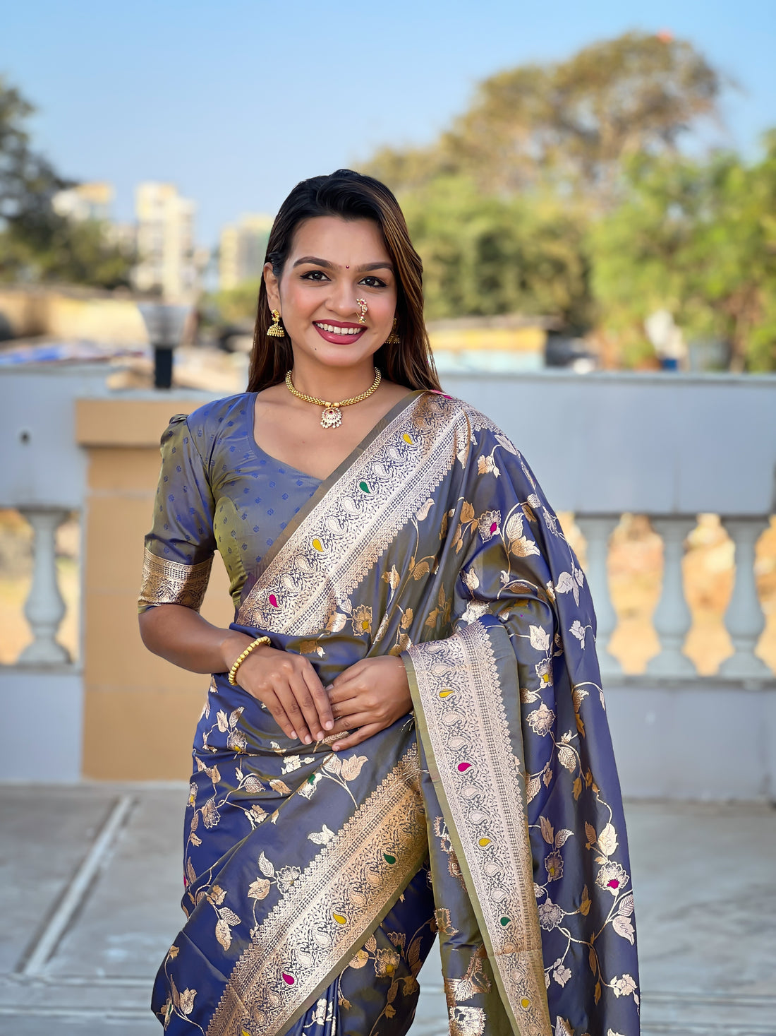 Grey Zari Embroidered Banarasi Silk Saree