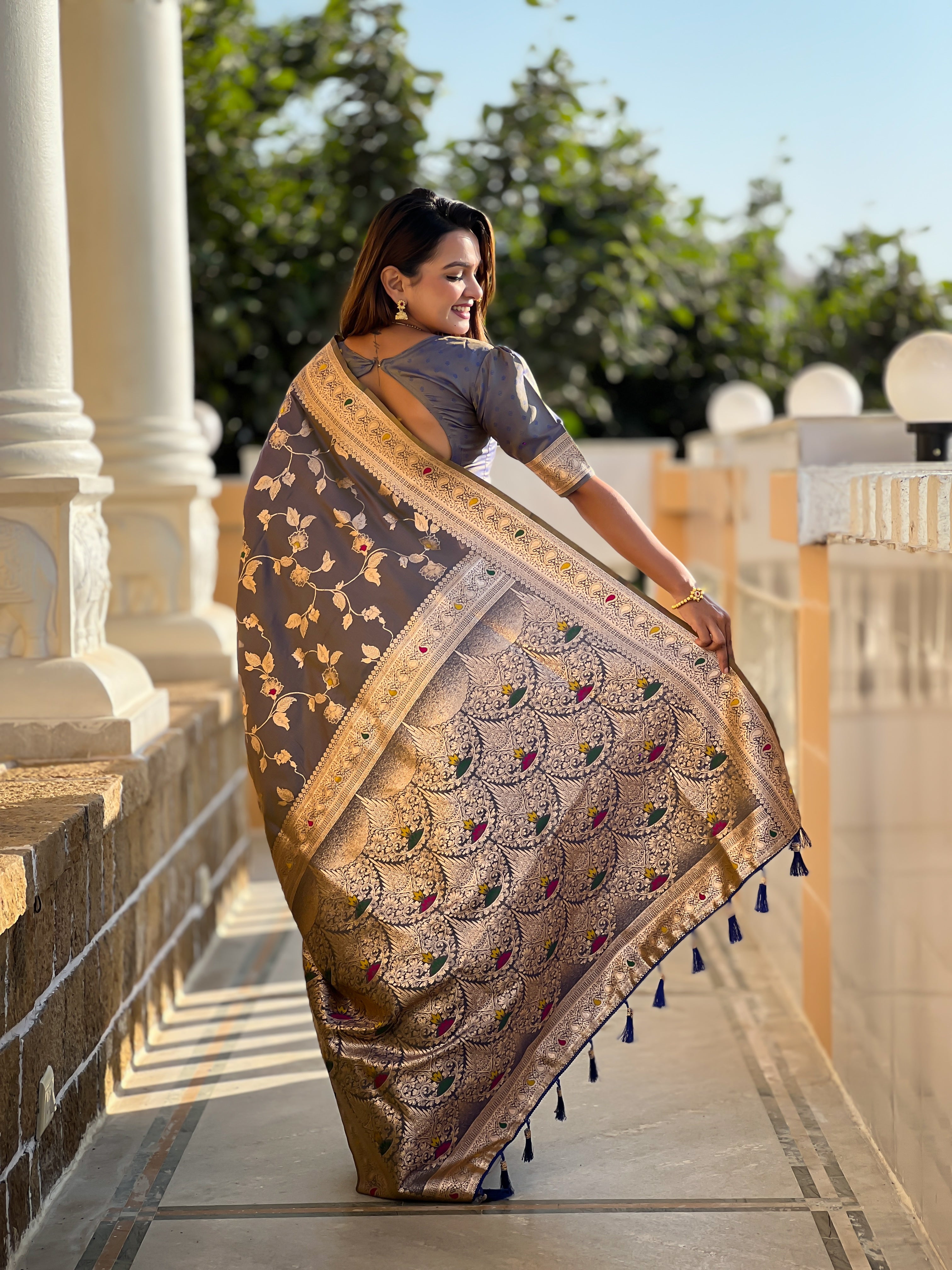 Grey Zari Embroidered Banarasi Silk Saree