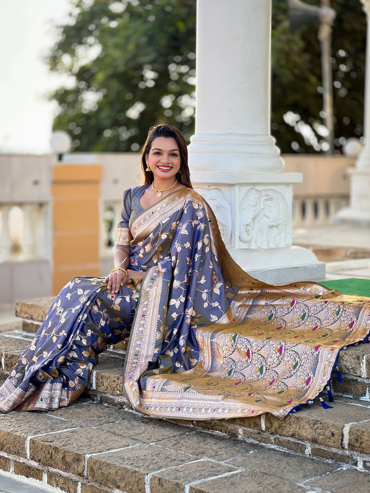 Grey Zari Embroidered Banarasi Silk Saree