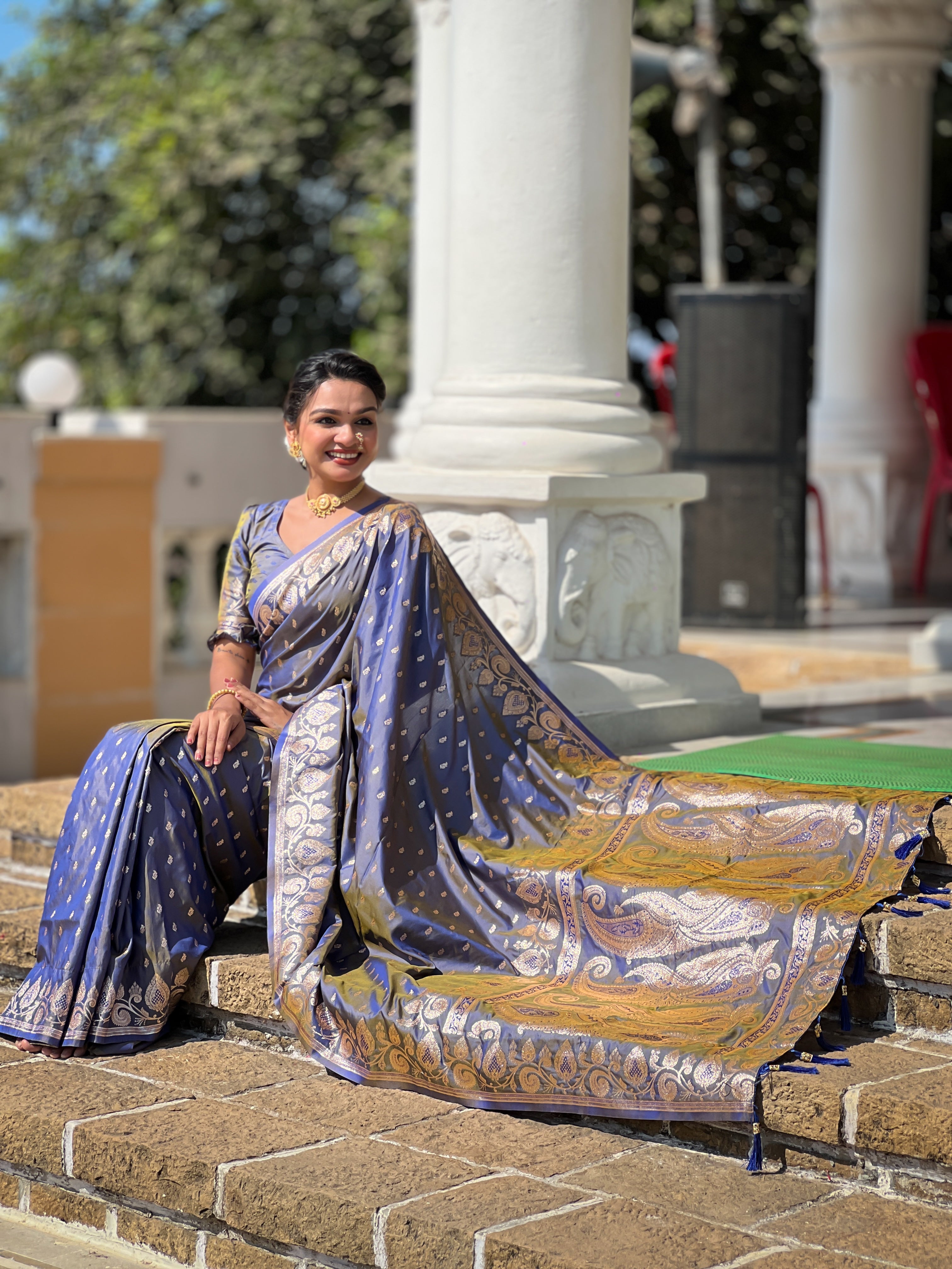 Grey Soft Banarasi Silk Blend Saree With Zari Weaving