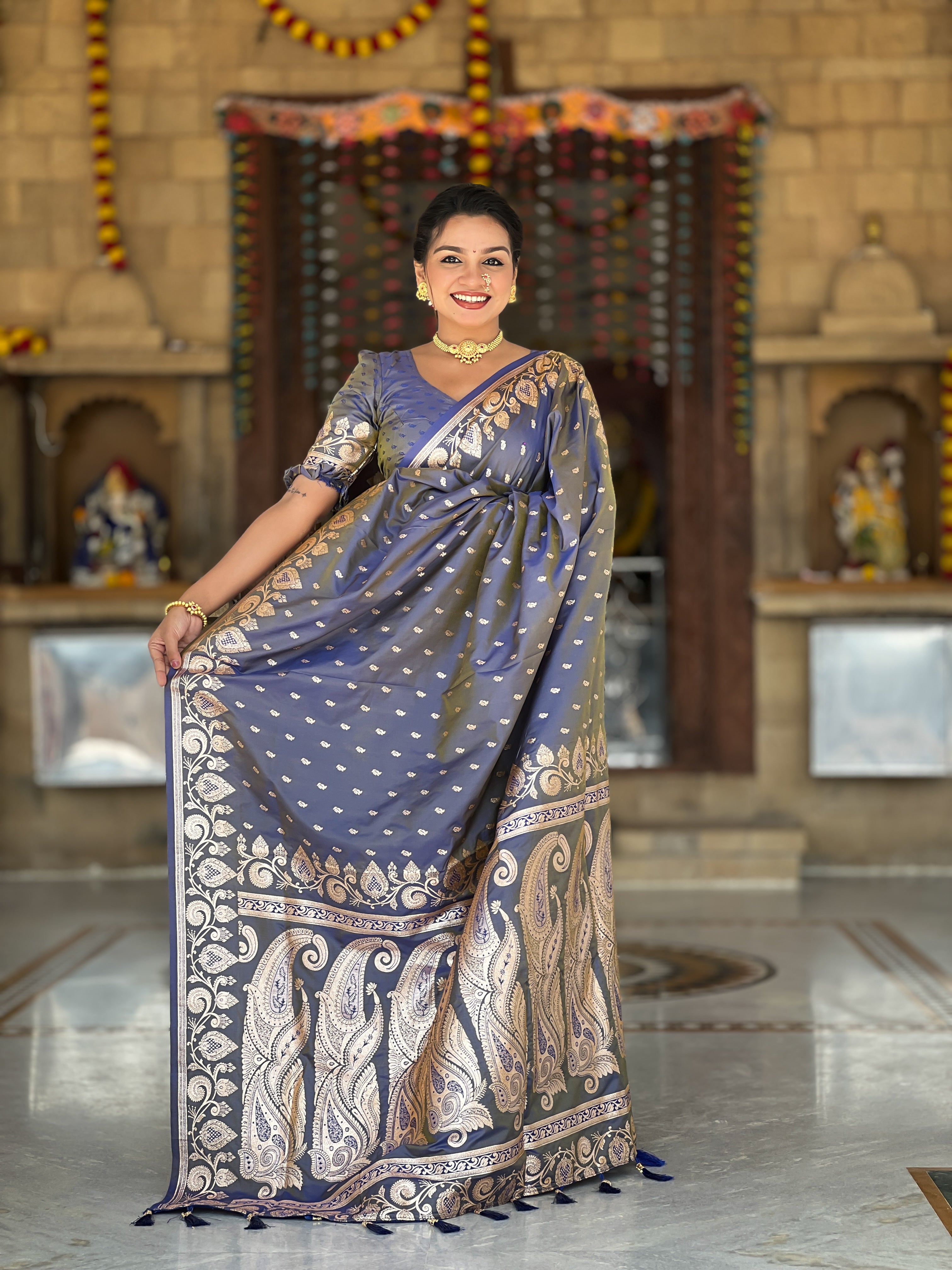 Grey Soft Banarasi Silk Blend Saree With Zari Weaving