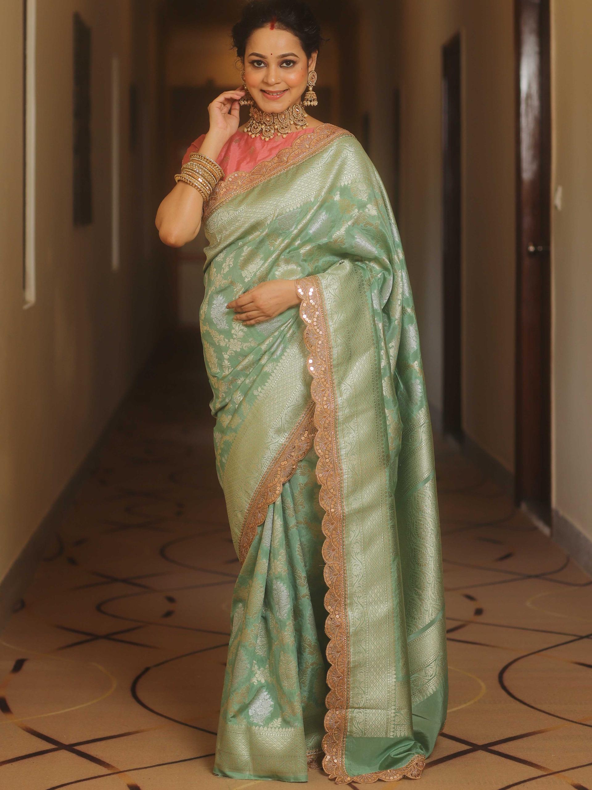 Greyish green banarsi katan silk saree