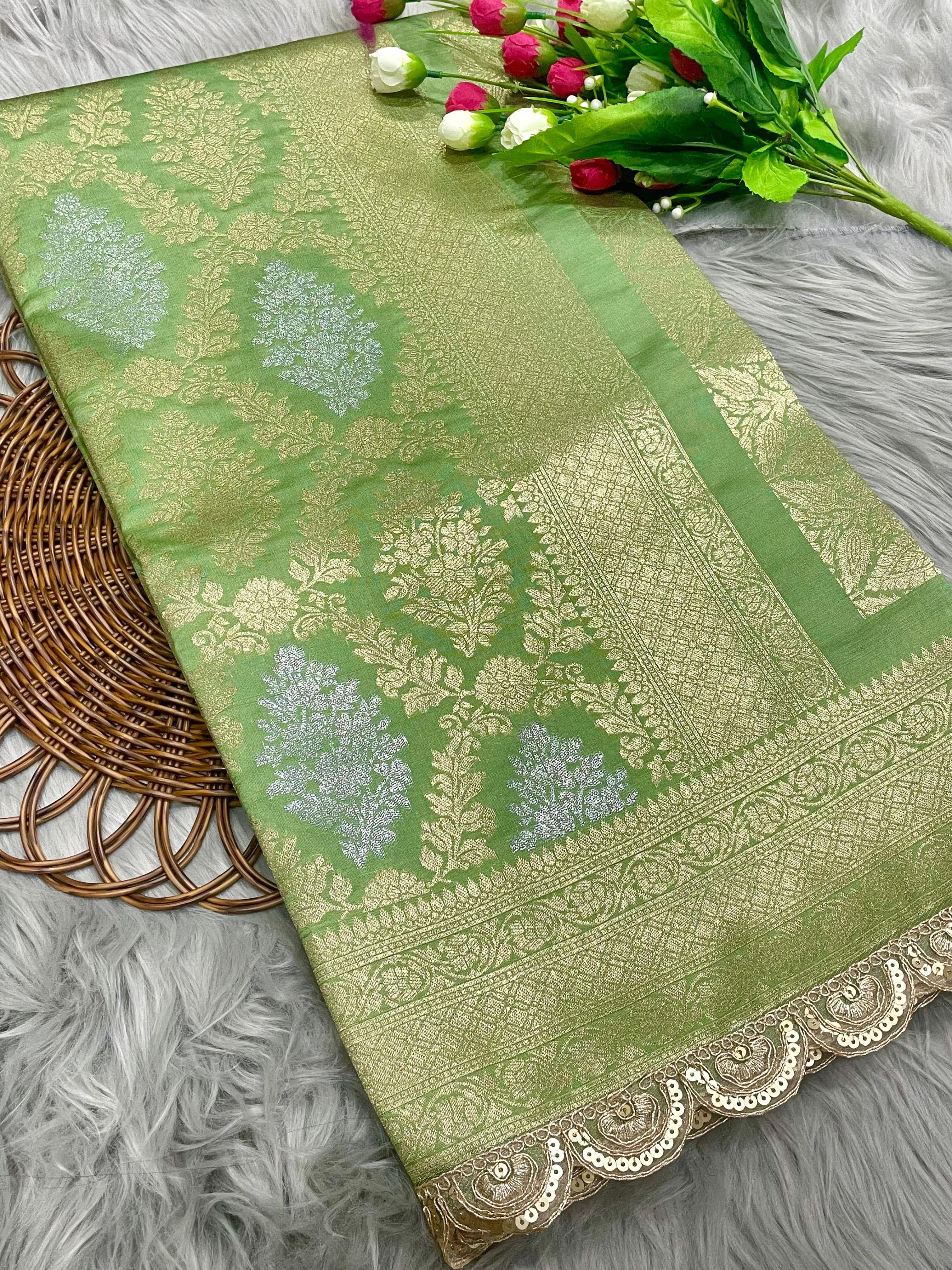 Greyish green banarsi katan silk saree