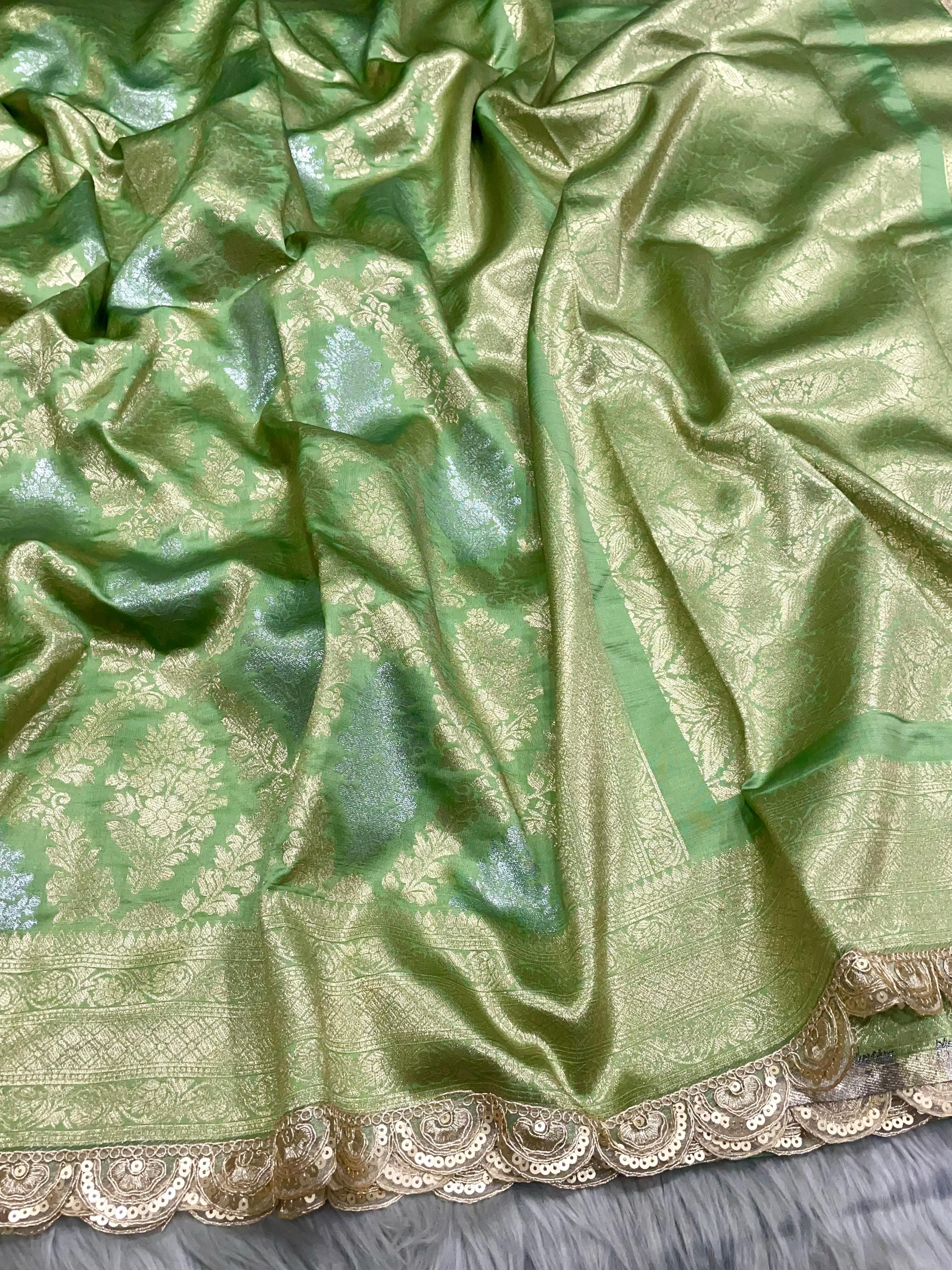Greyish green banarsi katan silk saree
