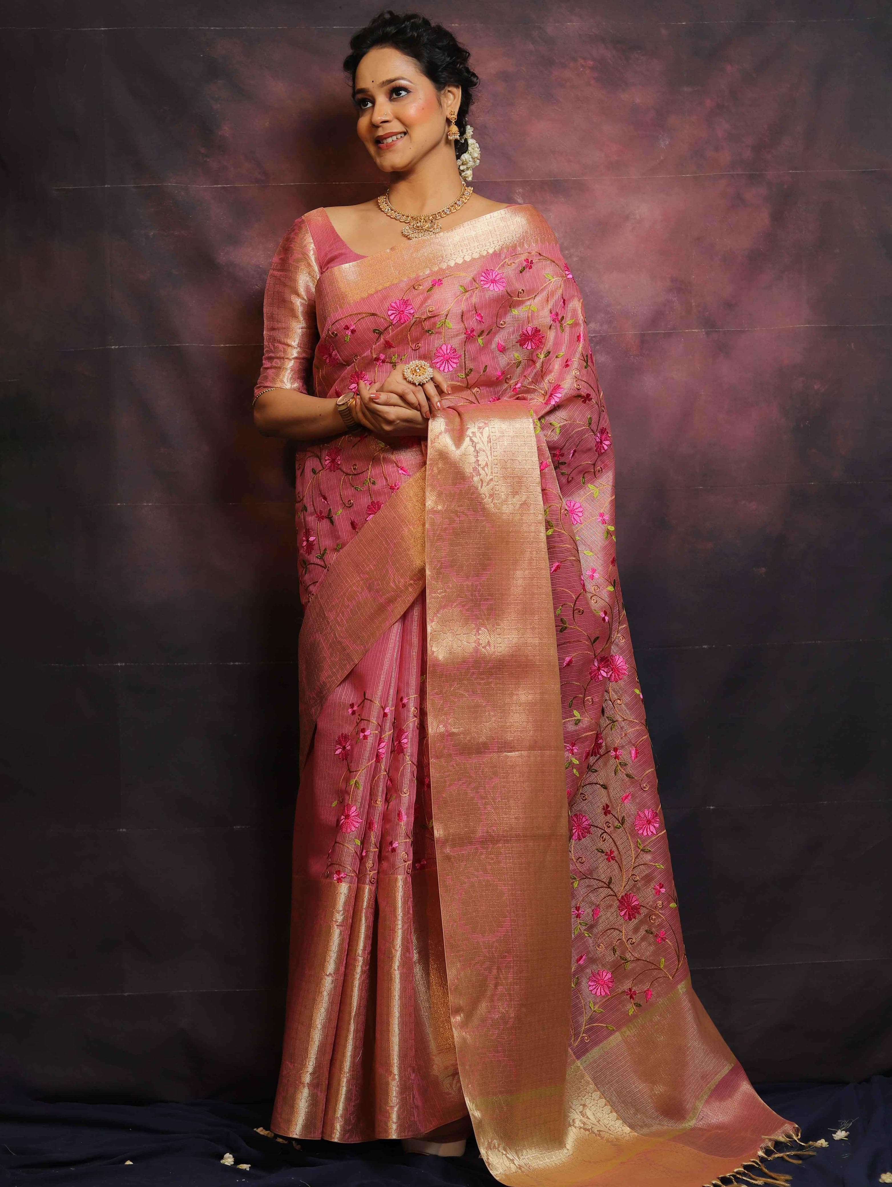Handwoven Broad Border Tissue Saree With Embroidered Floral Buta-Pink