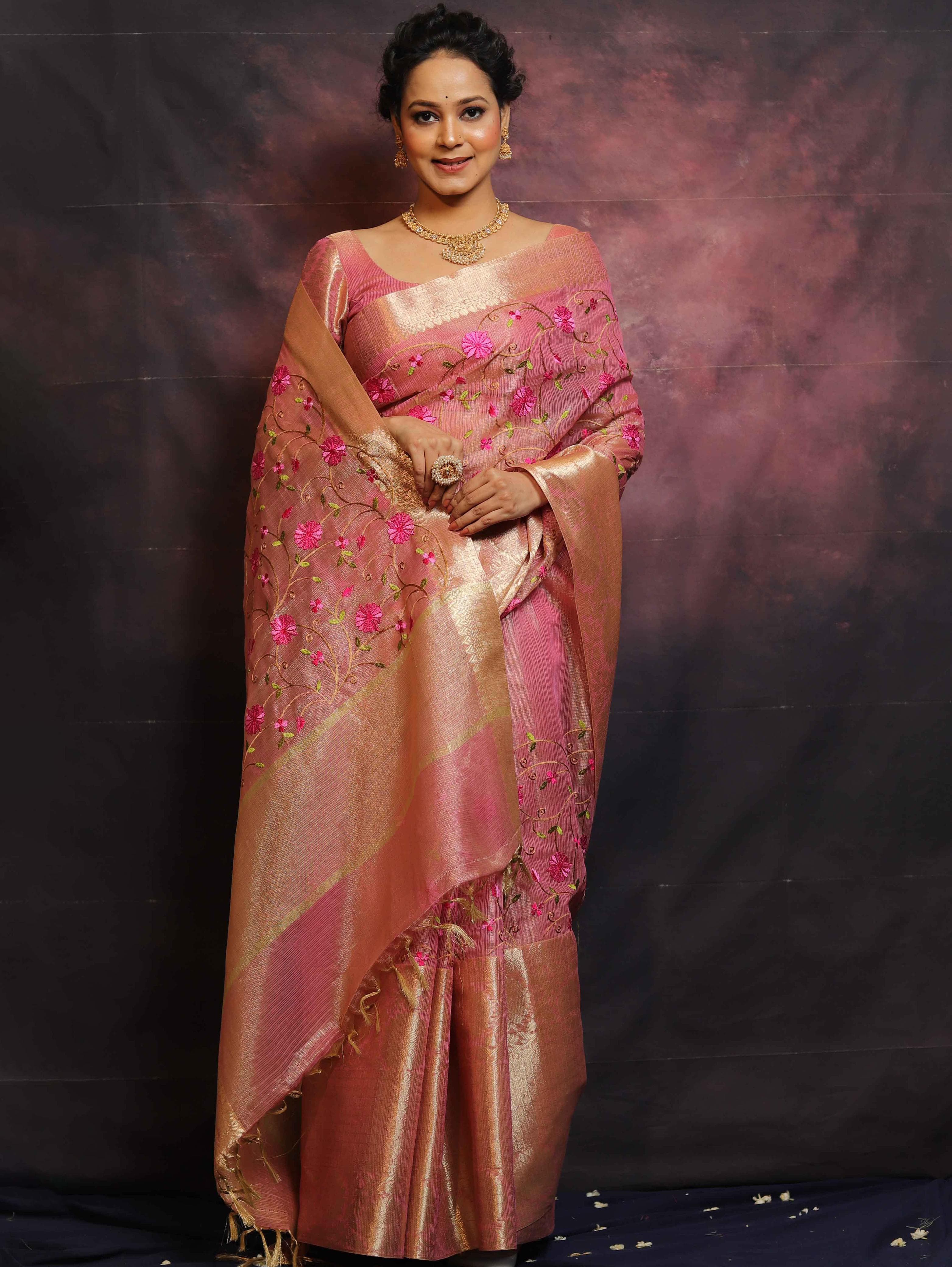 Handwoven Broad Border Tissue Saree With Embroidered Floral Buta-Pink