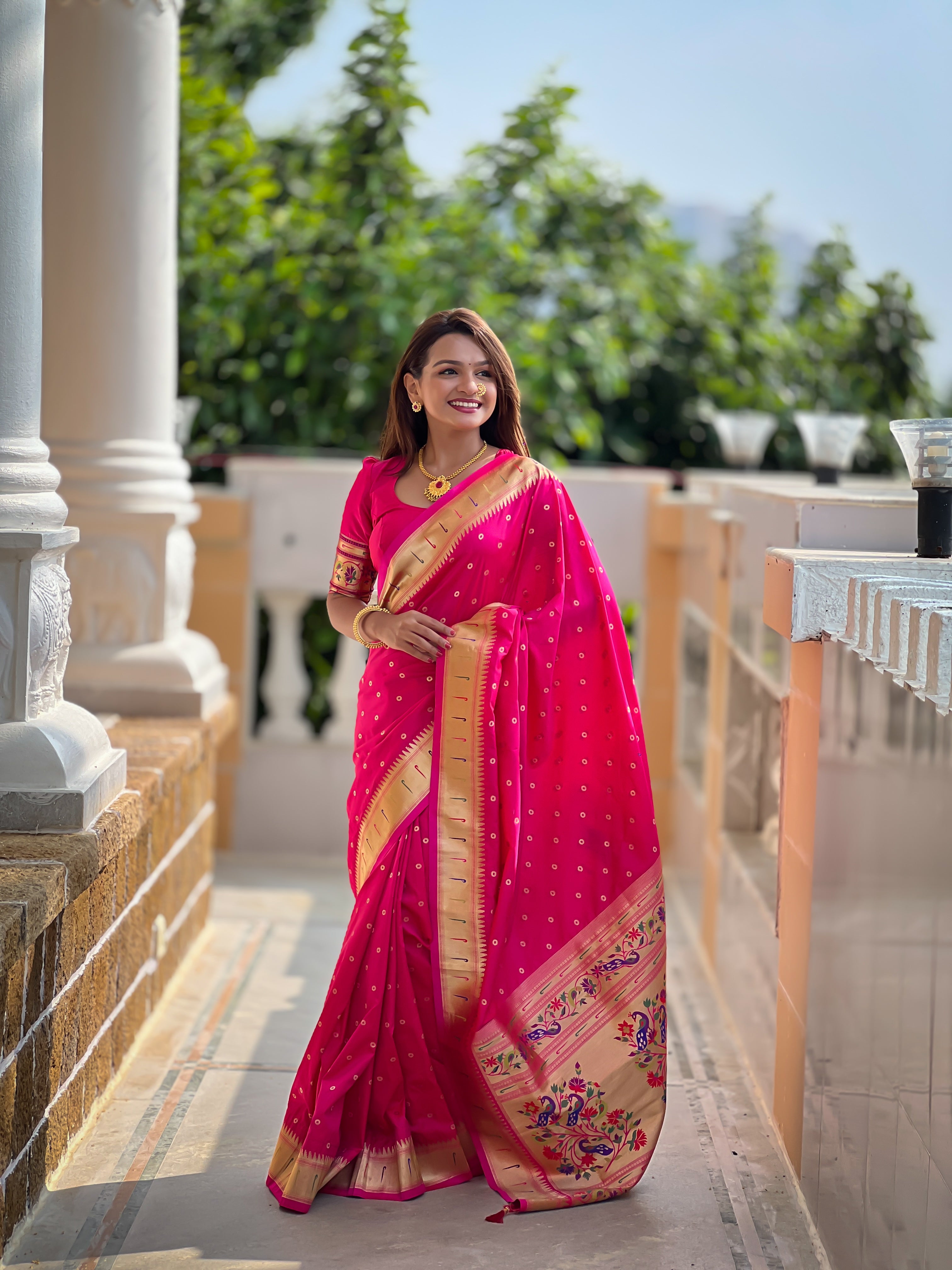 Hot Pink Zari Embroidered Paithani Silk Saree