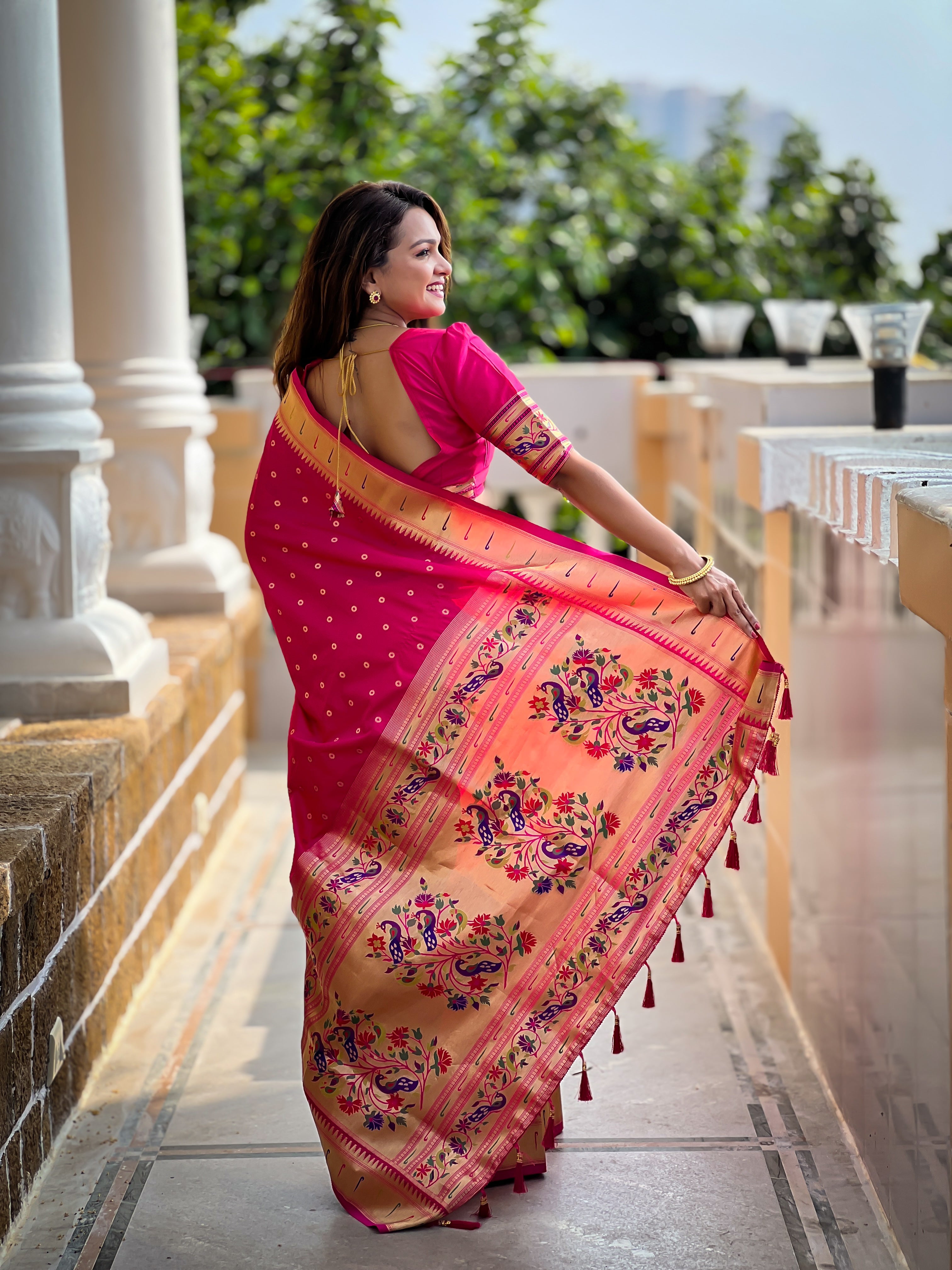 Hot Pink Zari Embroidered Paithani Silk Saree