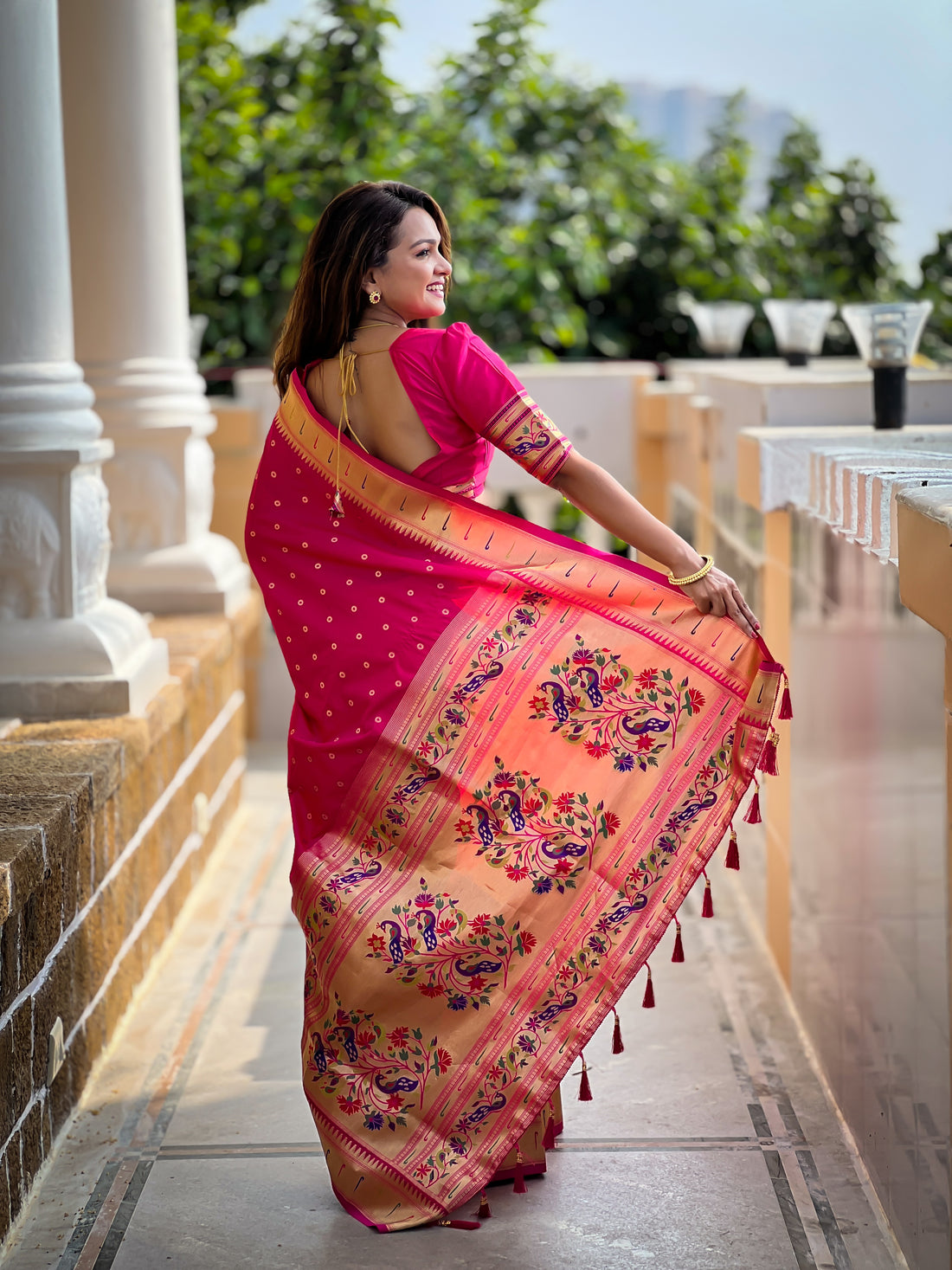 Hot Pink Zari Embroidered Paithani Silk Saree
