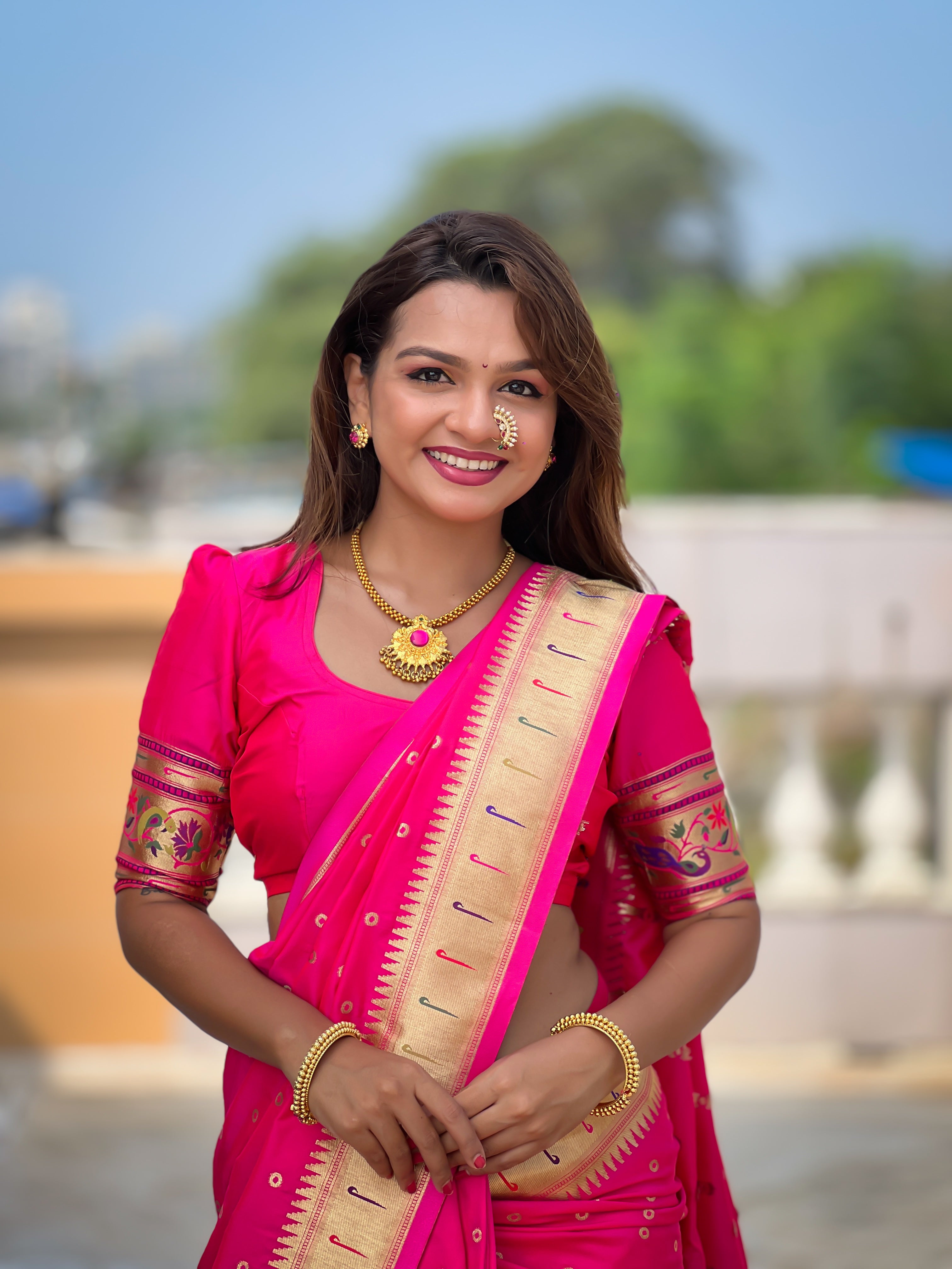 Hot Pink Zari Embroidered Paithani Silk Saree