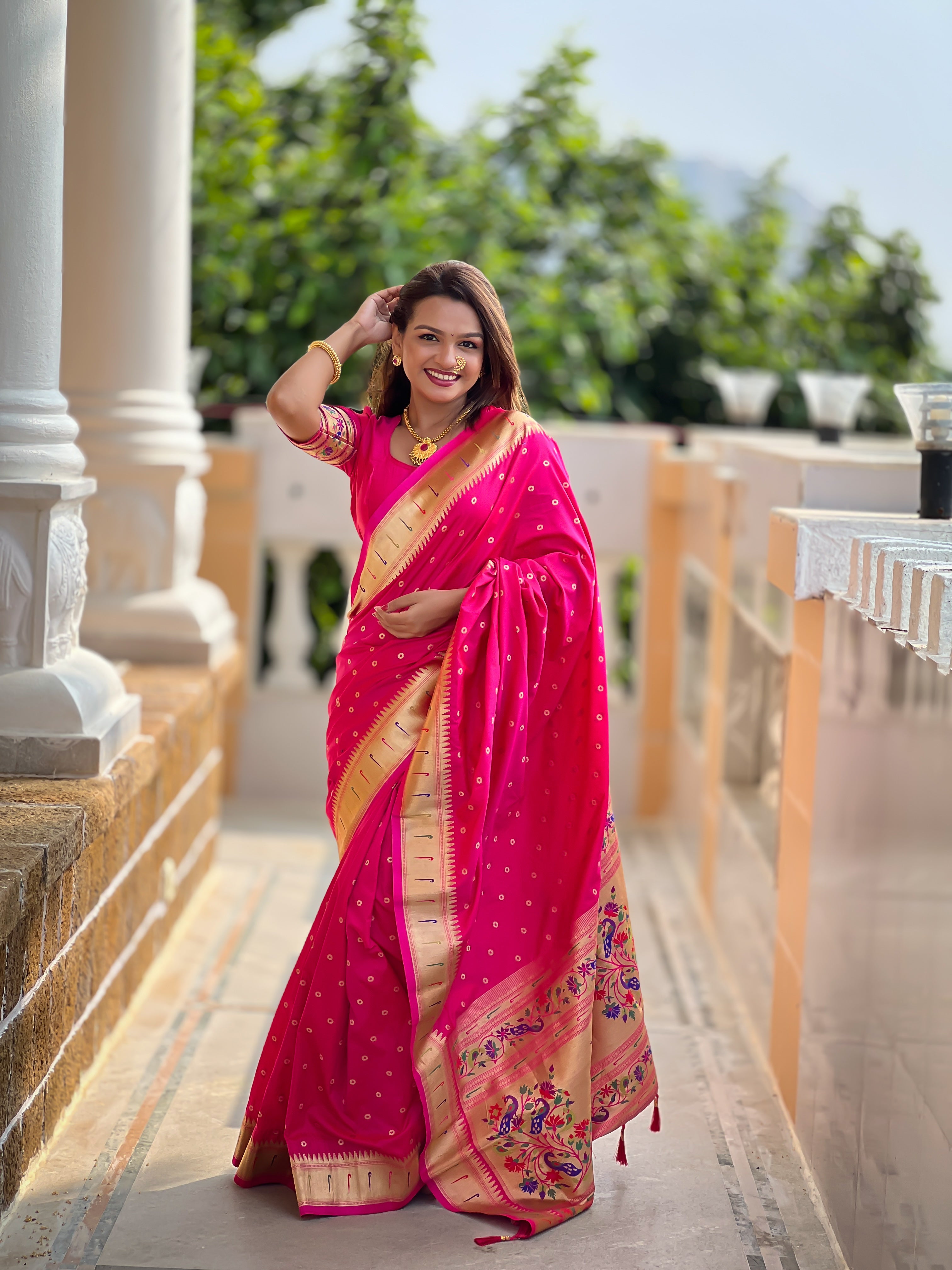 Hot Pink Zari Embroidered Paithani Silk Saree