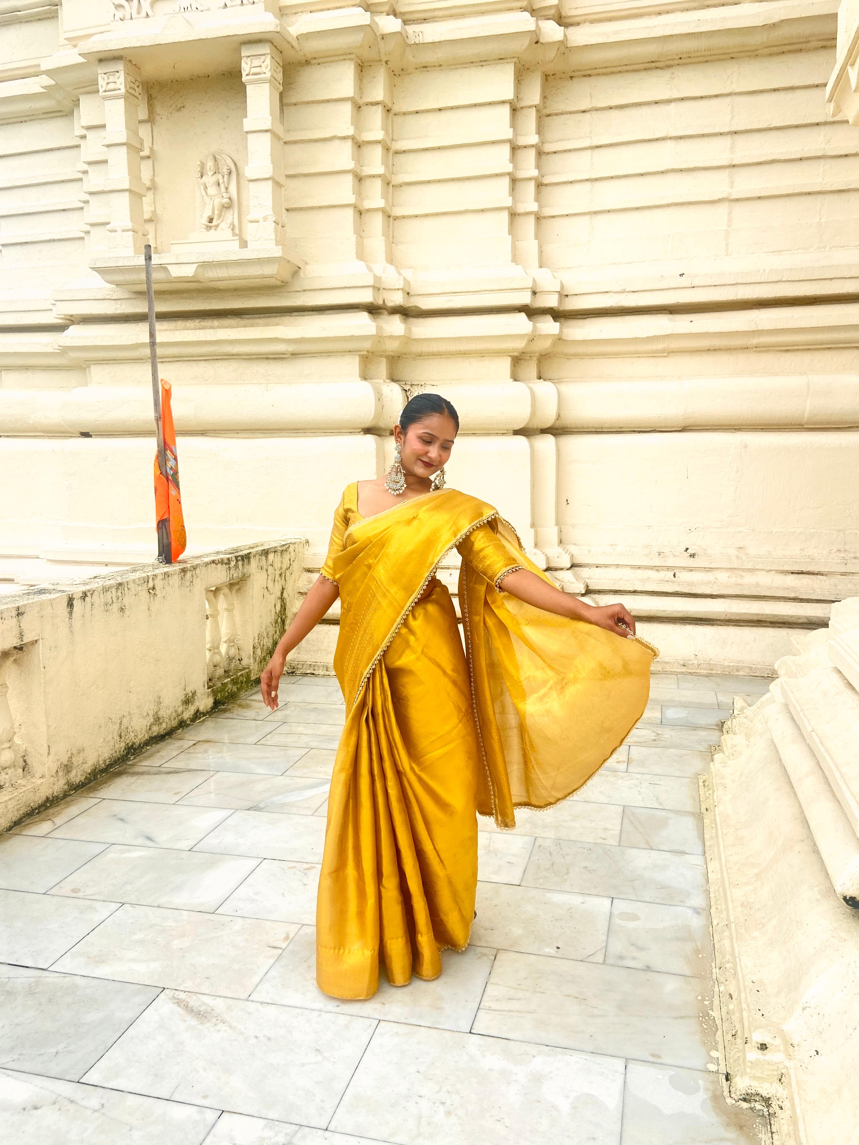 Golden Tissue Silk Saree with Ghungroo and Pearl Border