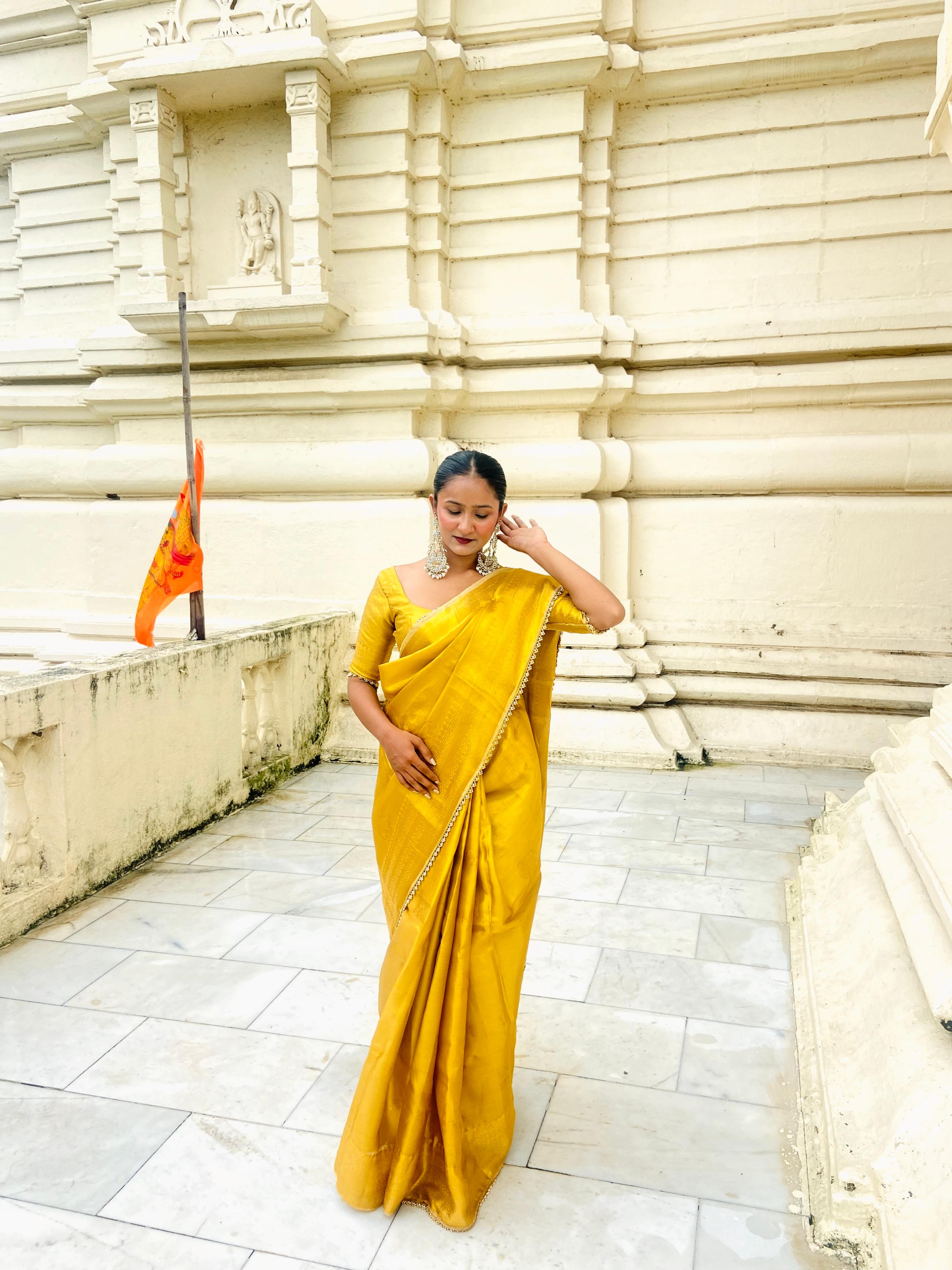 Golden Tissue Silk Saree with Ghungroo and Pearl Border