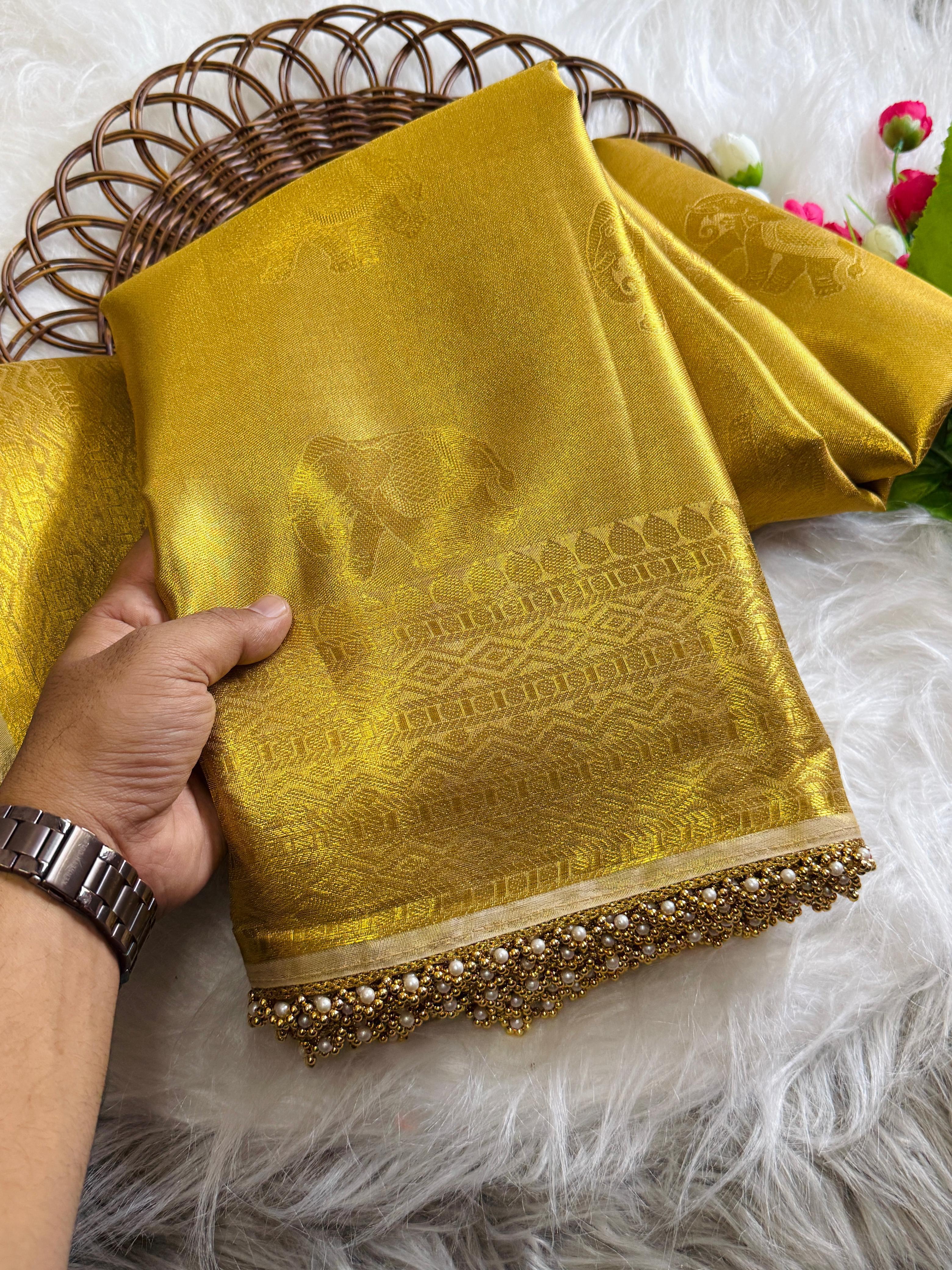 Golden Tissue Silk Saree with Ghungroo and Pearl Border