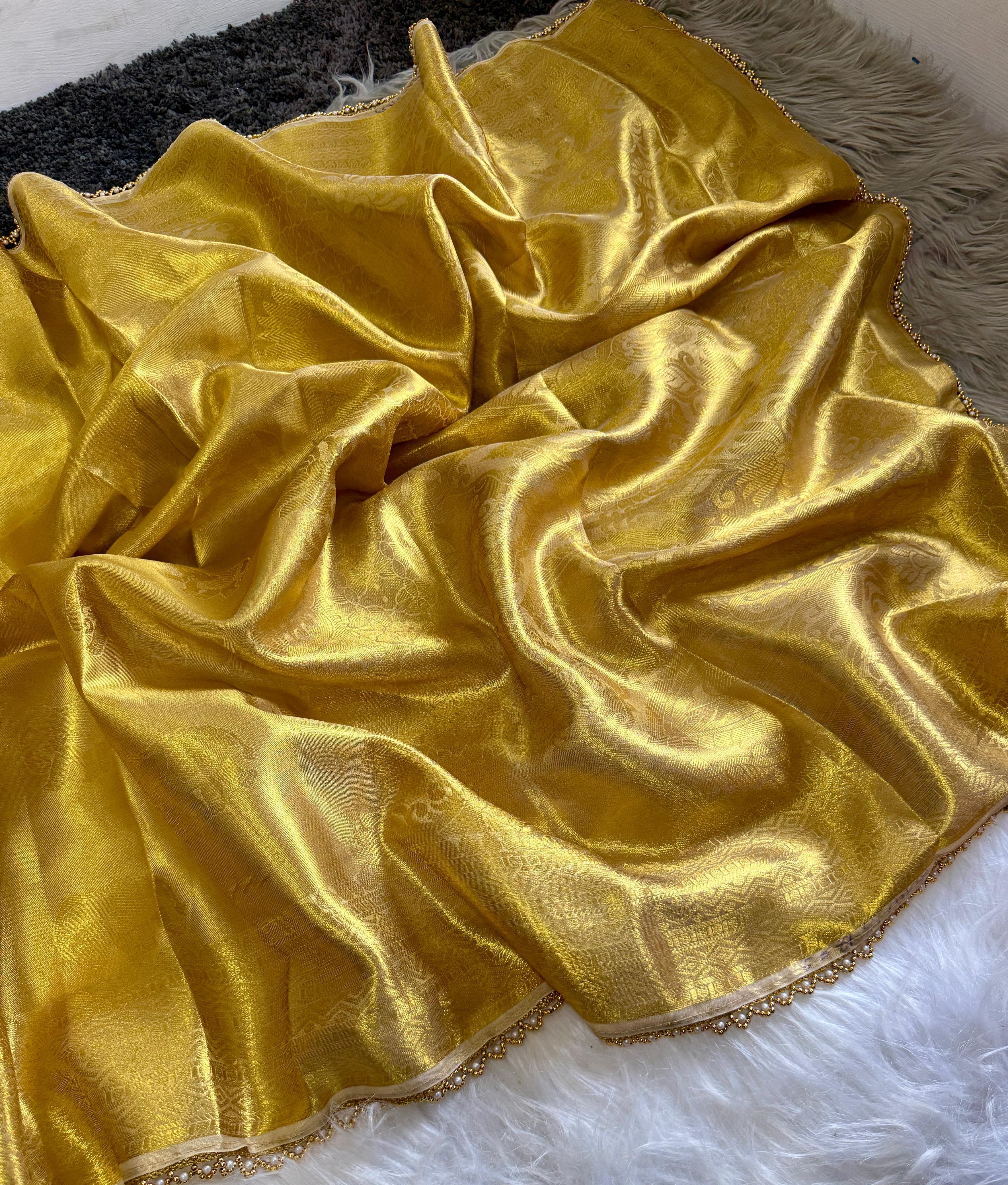 Golden Tissue Silk Saree with Ghungroo and Pearl Border