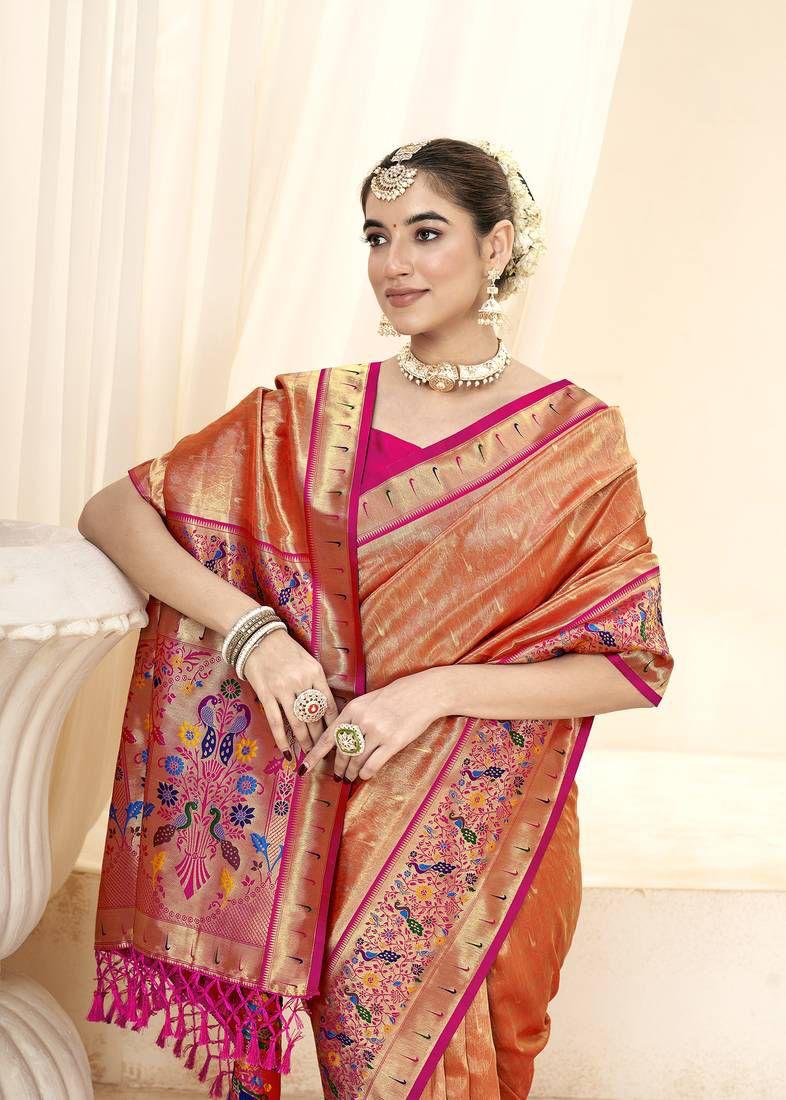 Classy Orange Woven Paithani Tissue Silk Saree with Zari Boarder