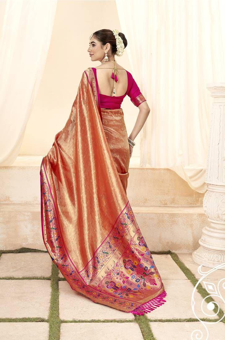 Classy Orange Woven Paithani Tissue Silk Saree with Zari Boarder