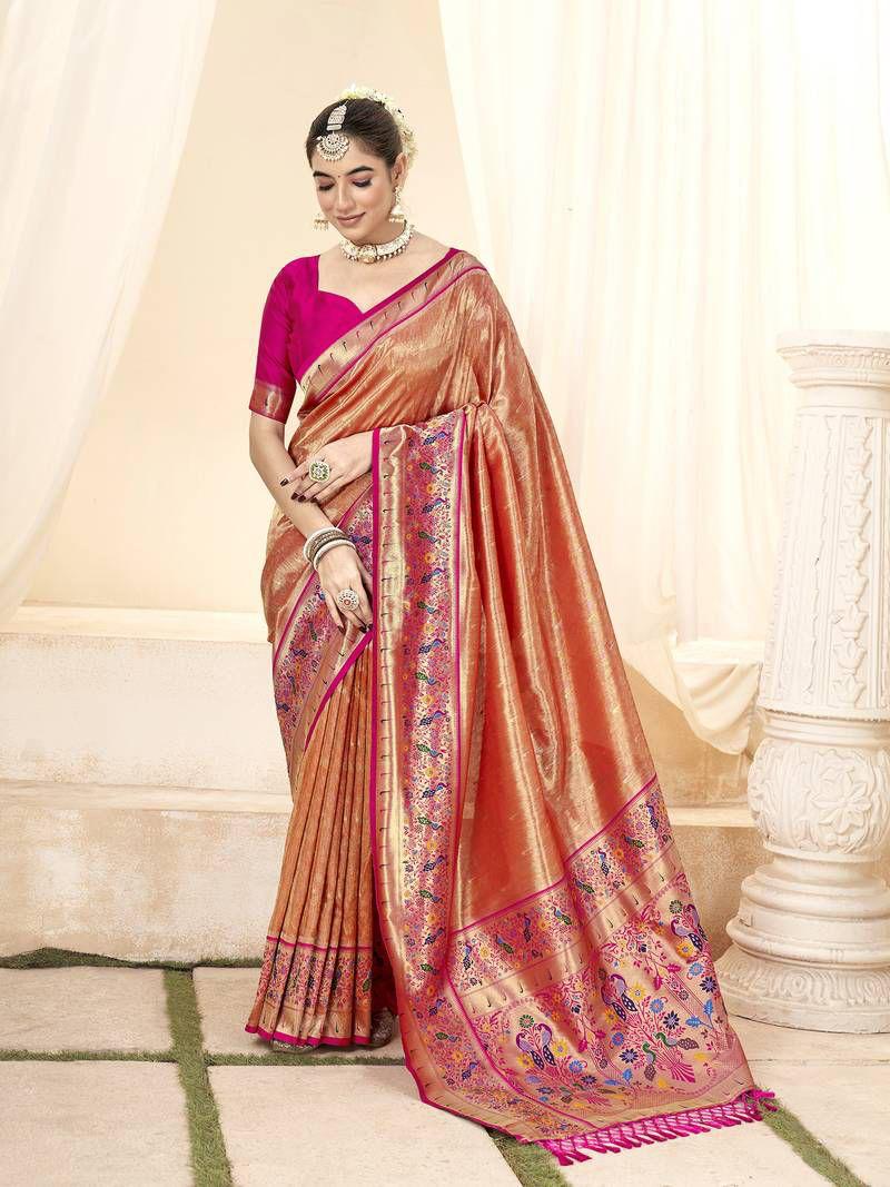 Classy Orange Woven Paithani Tissue Silk Saree with Zari Boarder