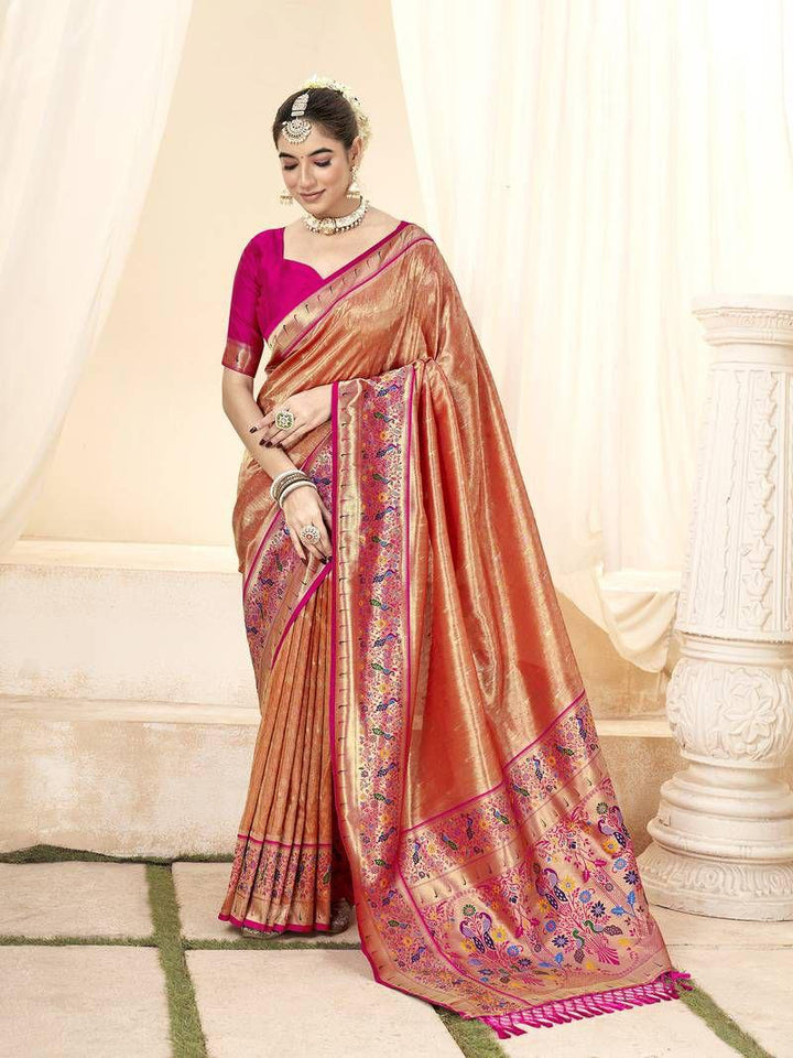 Classy Orange Woven Paithani Tissue Silk Saree with Zari Boarder