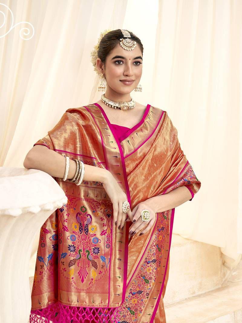 Classy Orange Woven Paithani Tissue Silk Saree with Zari Boarder