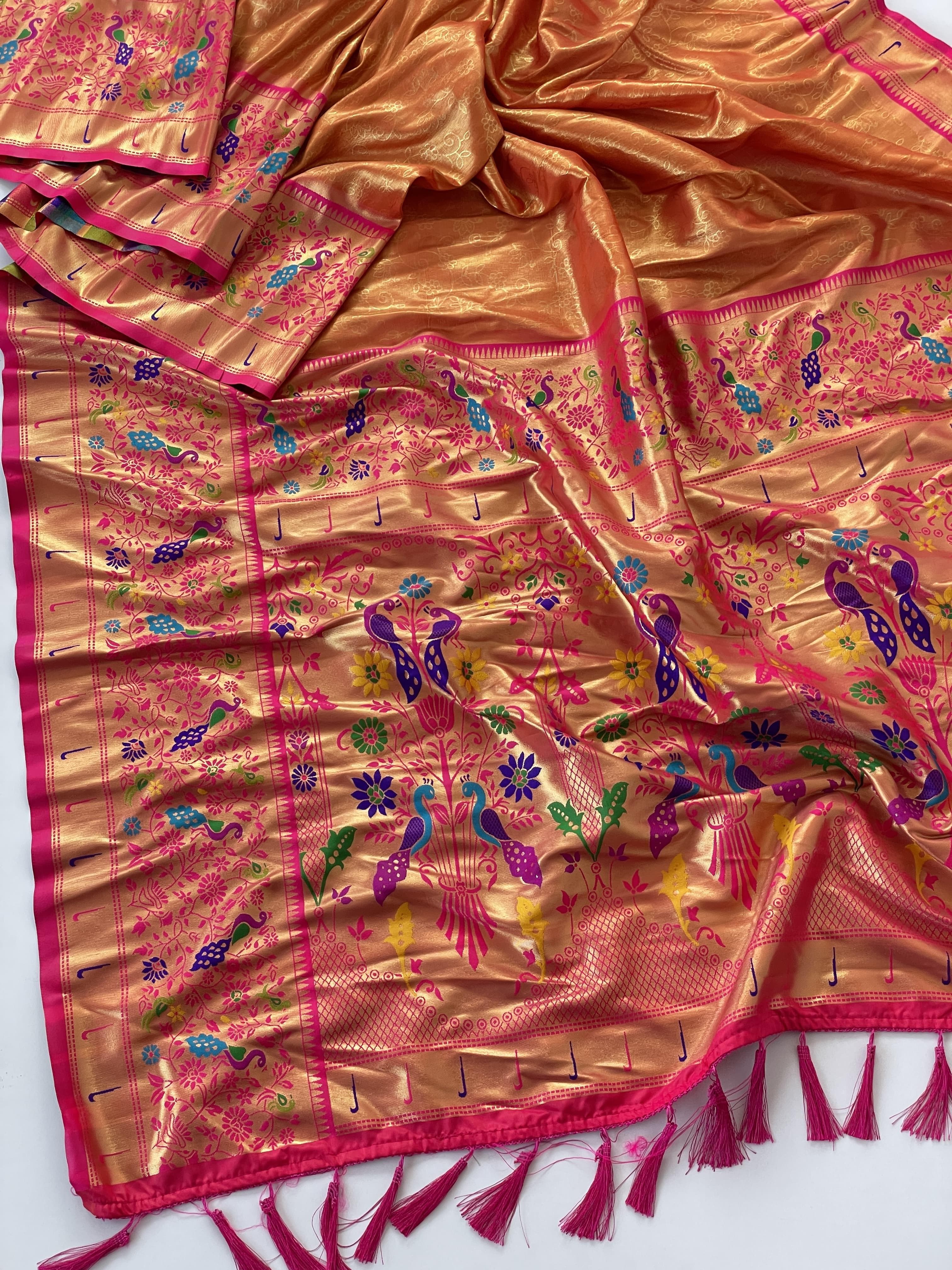 Classy Orange Woven Paithani Tissue Silk Saree with Zari Boarder