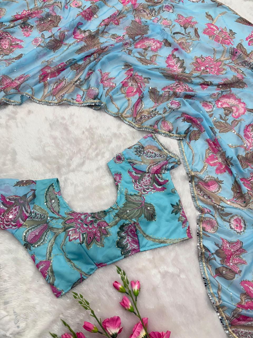 Designer Georgette Hand Mirror Work Party Wear Saree