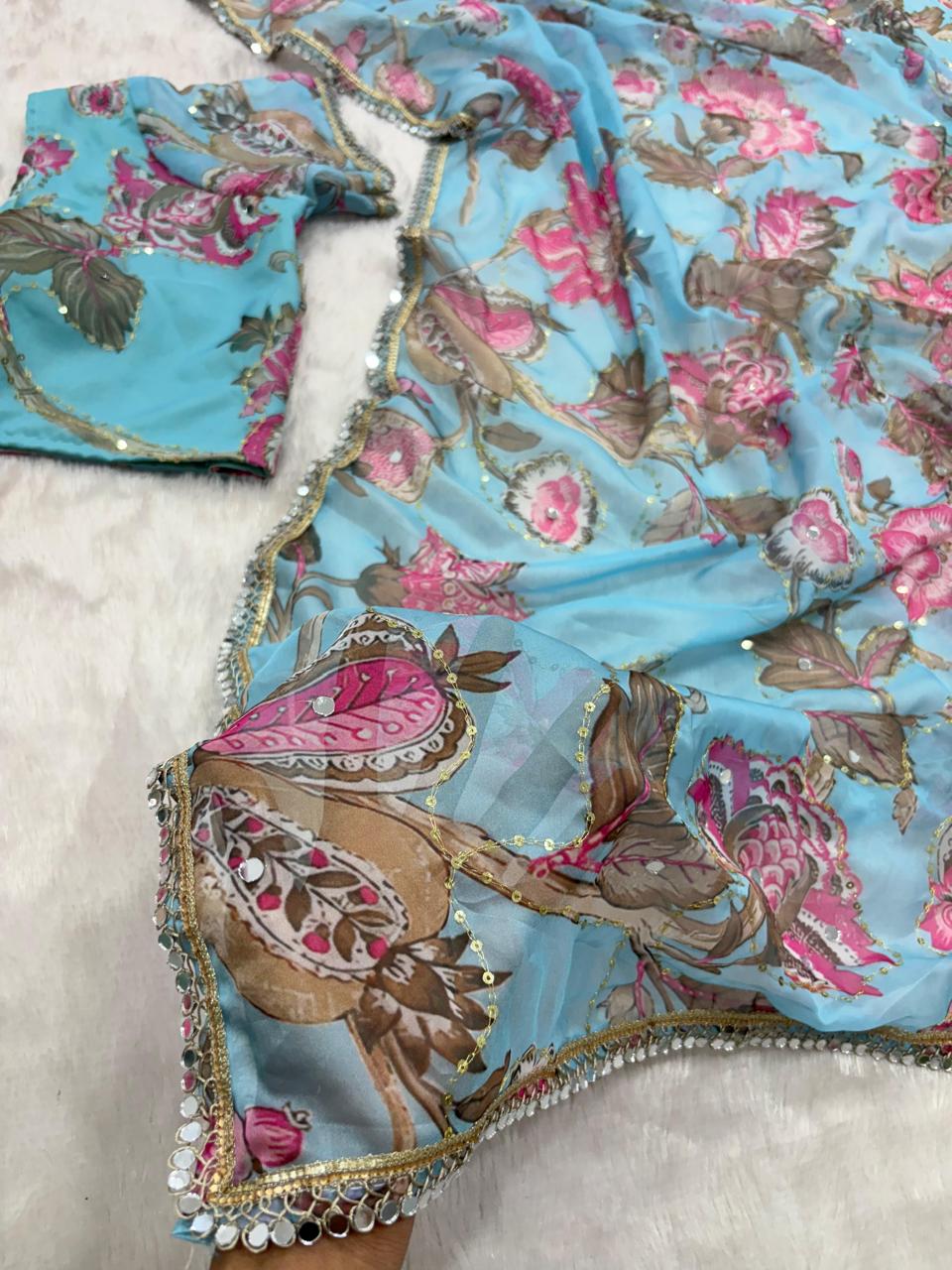 Designer Georgette Hand Mirror Work Party Wear Saree