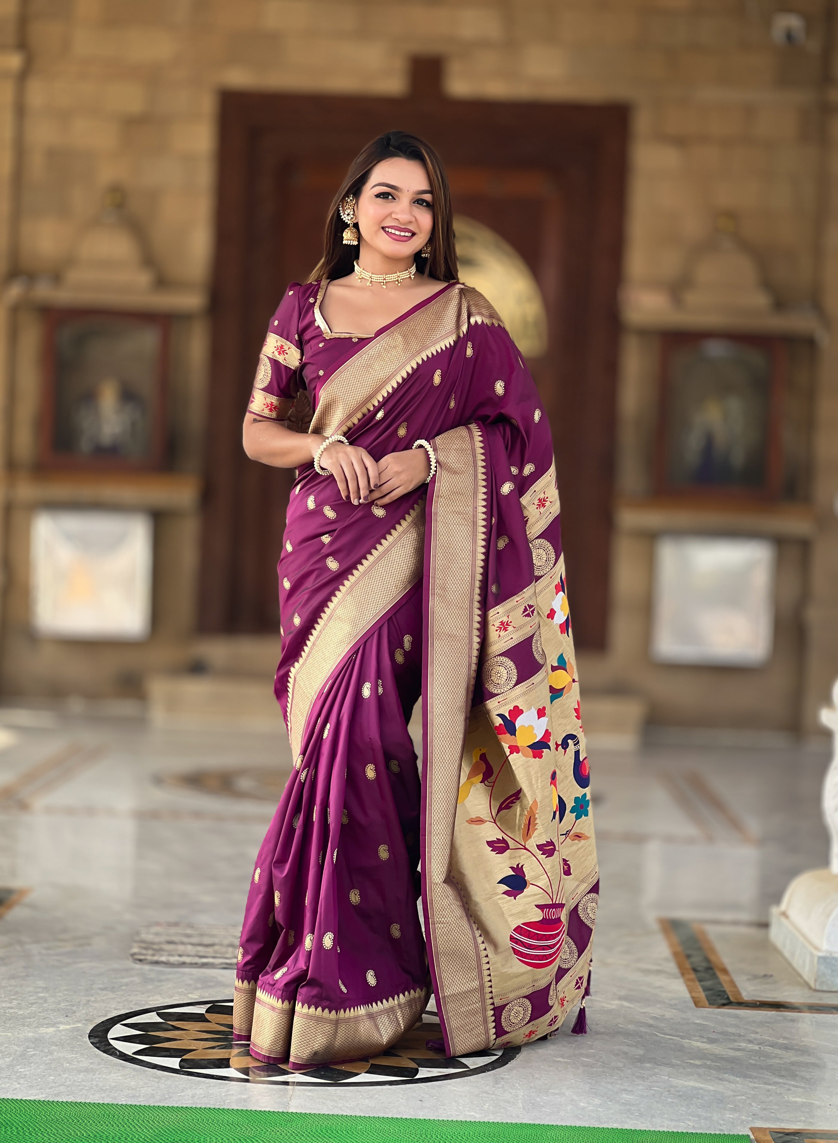 Wine Woven Design Paithani Silk Saree