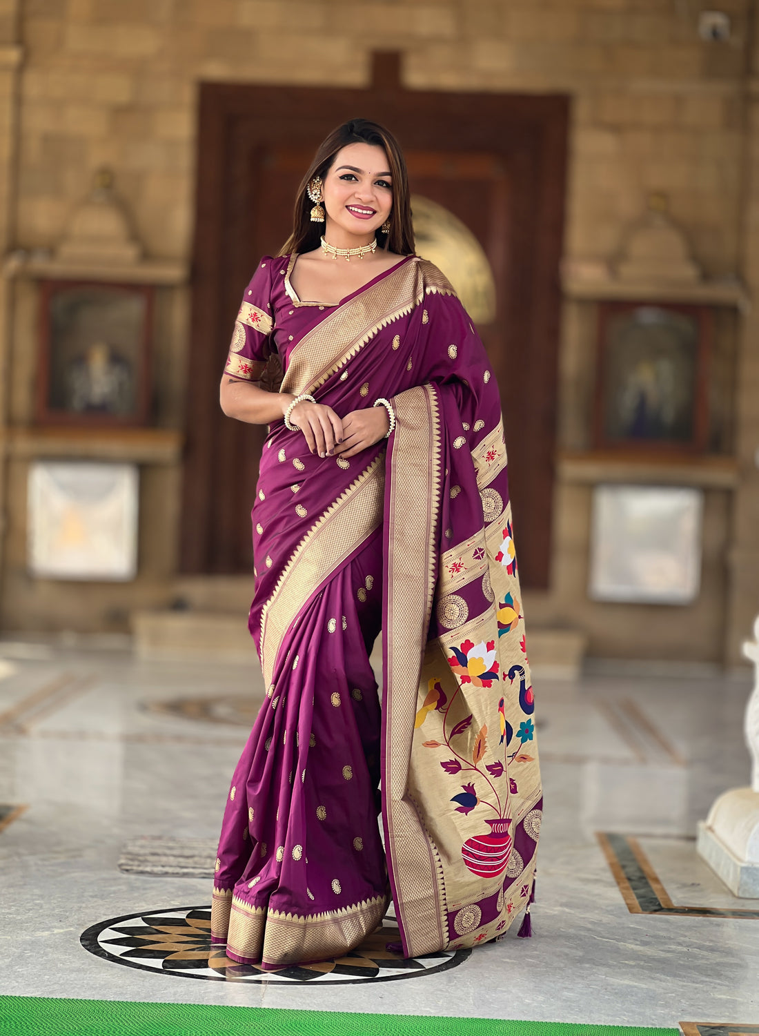 Wine Woven Design Paithani Silk Saree