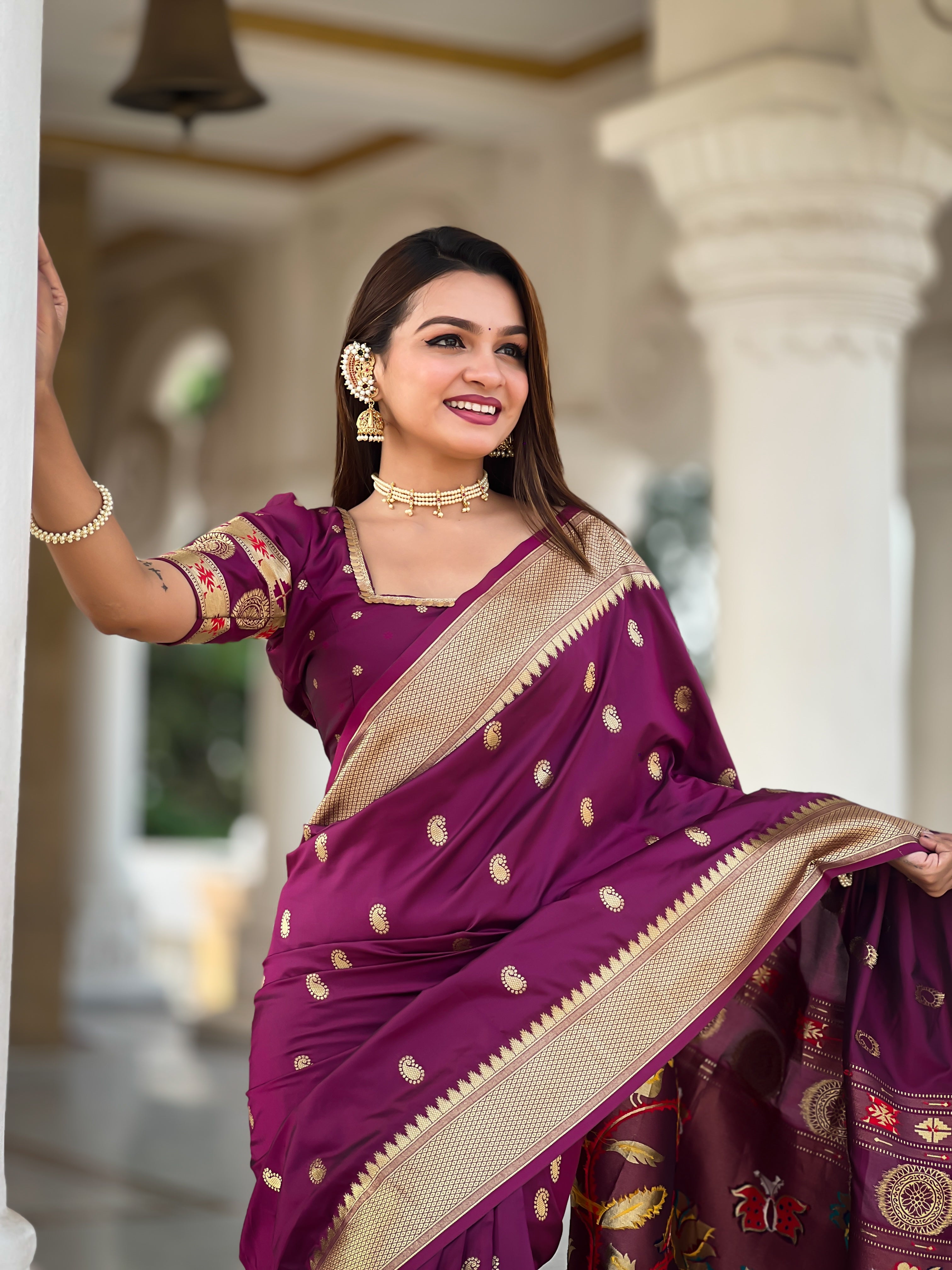 Wine Woven Design Paithani Silk Saree