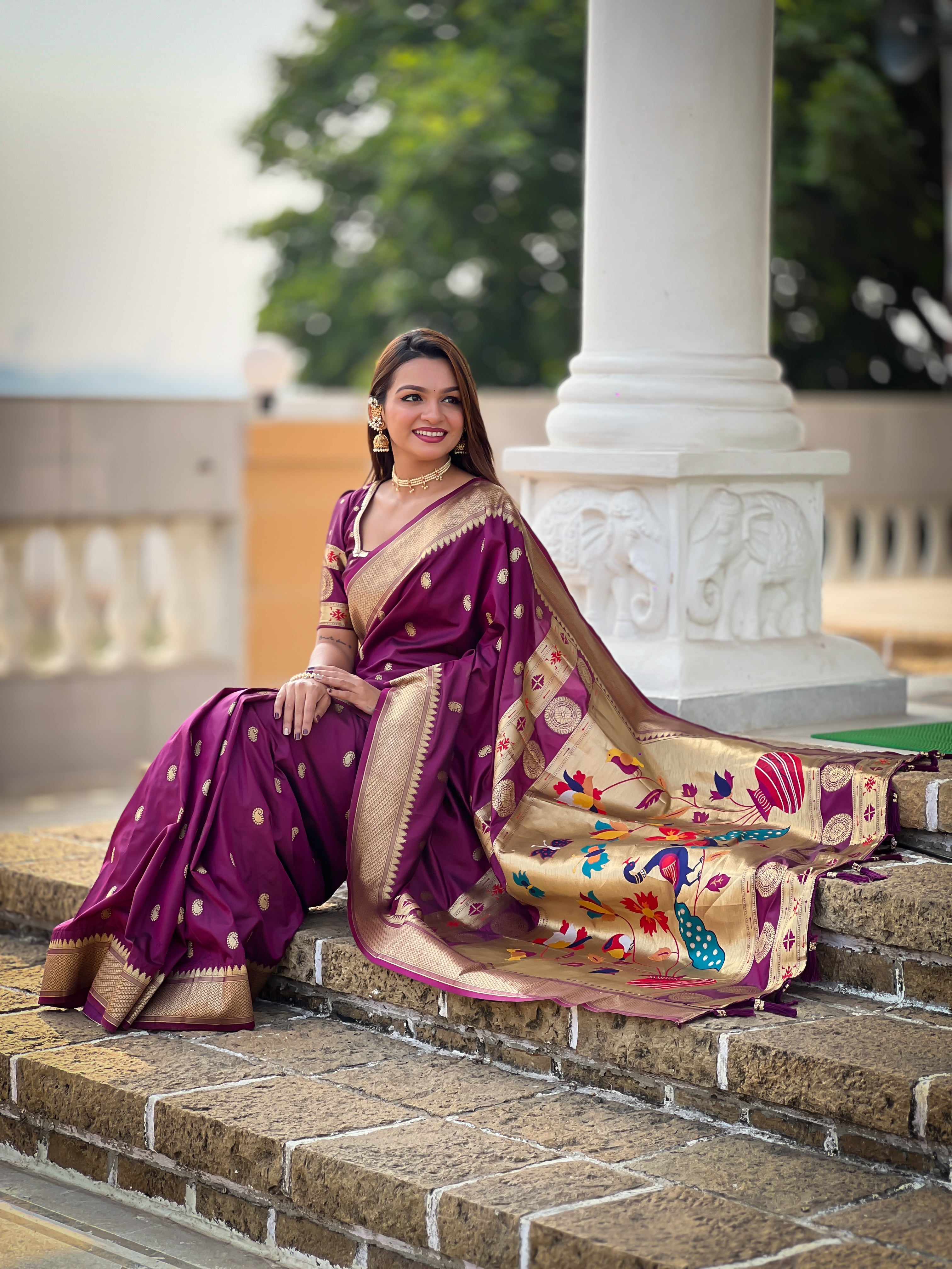 Wine Woven Design Paithani Silk Saree