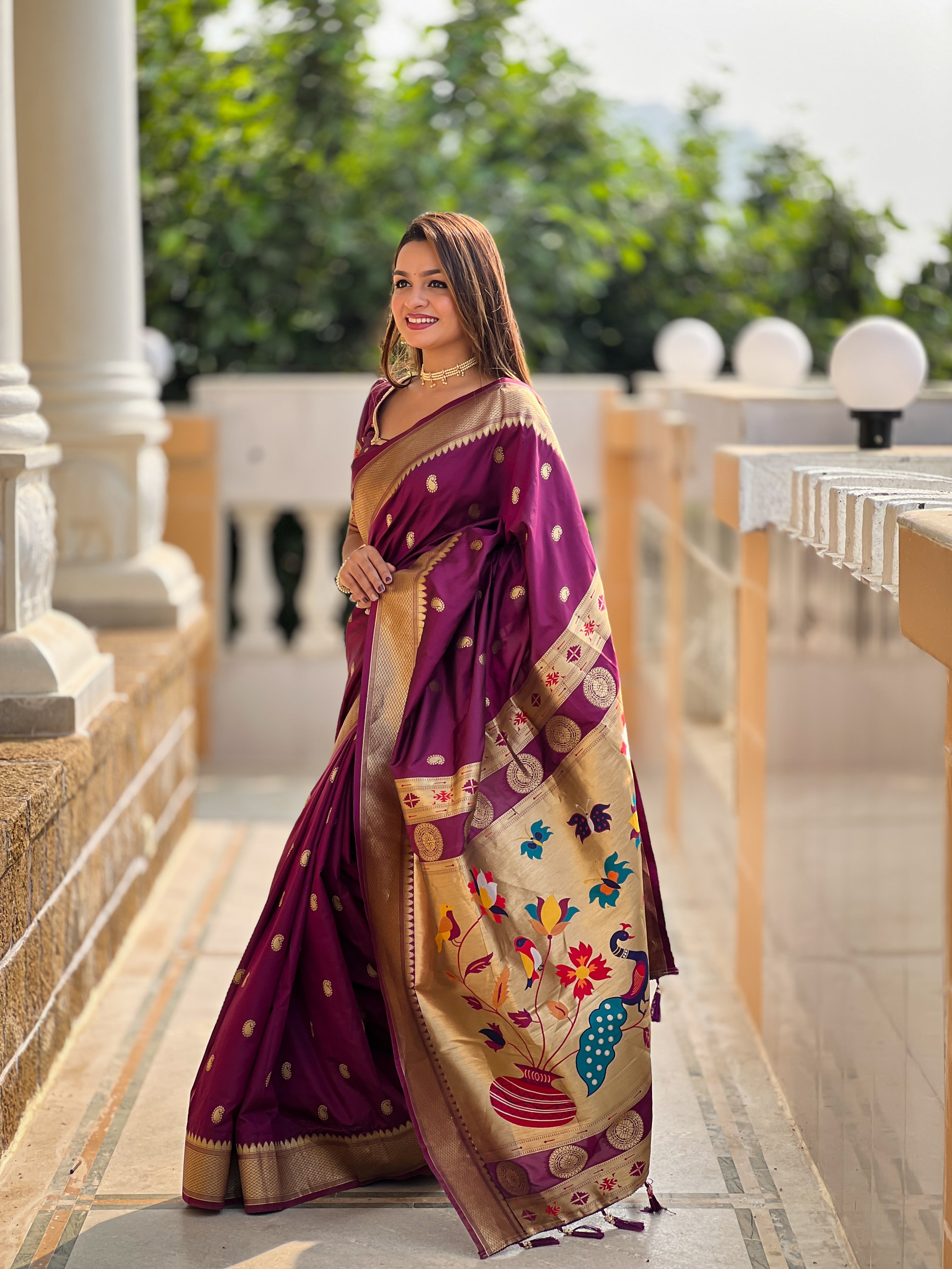 Wine Woven Design Paithani Silk Saree