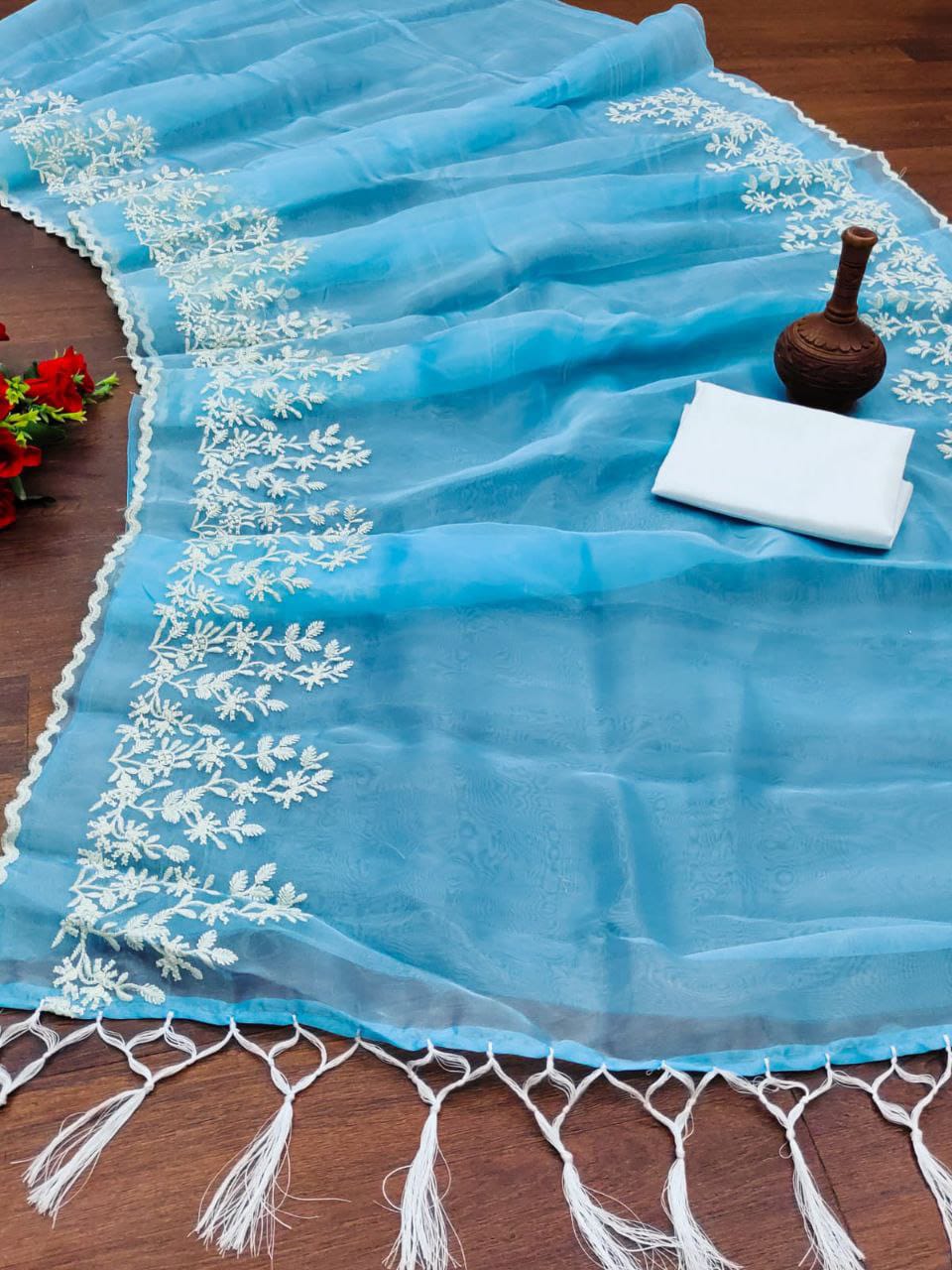 Ice Blue Silk Organza Saree