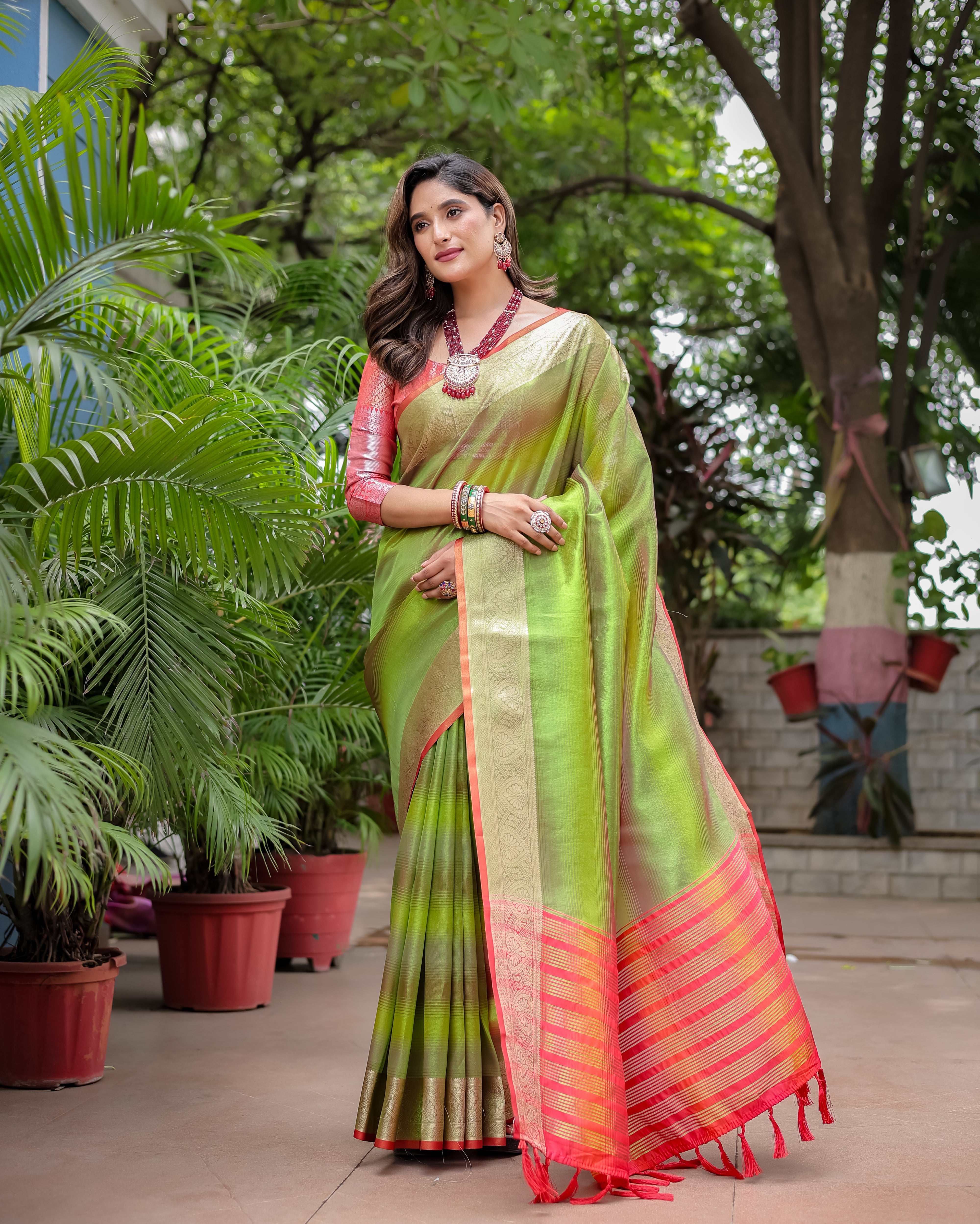 Icky Green Rangkart Pattern Soft Banarsi Silk Saree