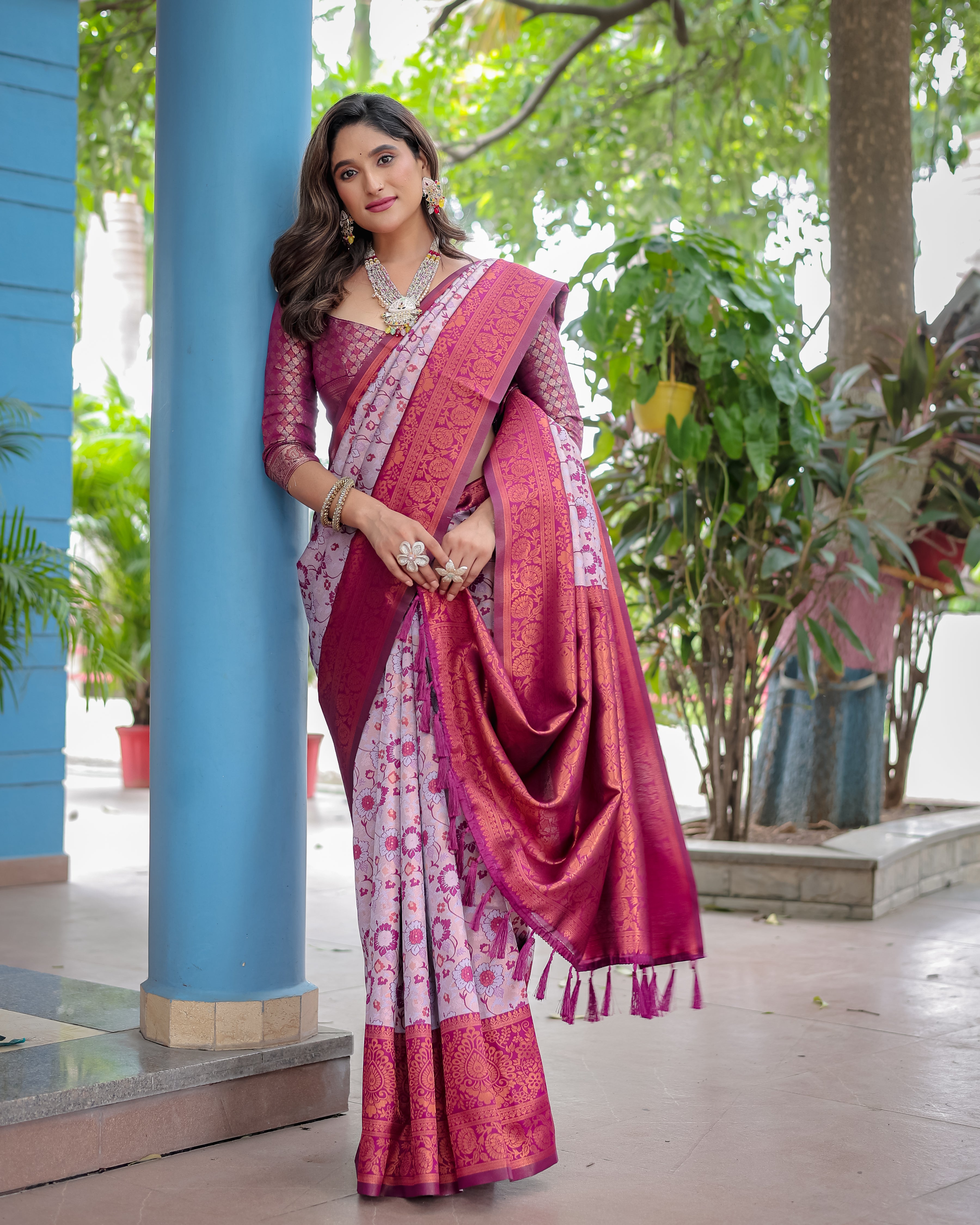 Lavender Designer Tassels Banarsi Silk Saree