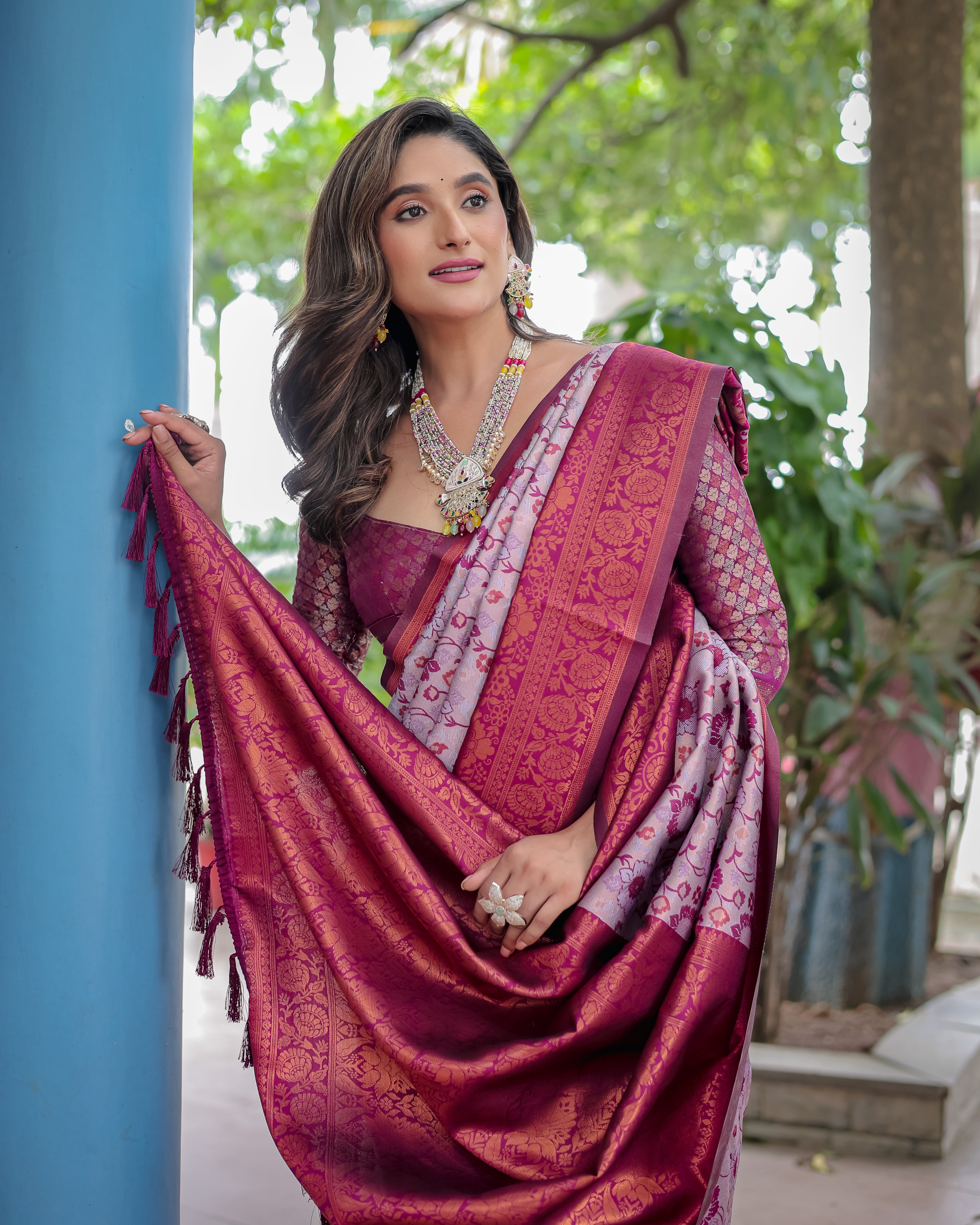 Lavender Designer Tassels Banarsi Silk Saree