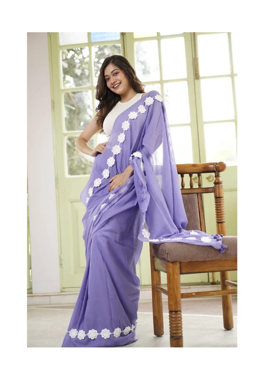 Lavender Purple Georgette Fancy Lace Attech Saree