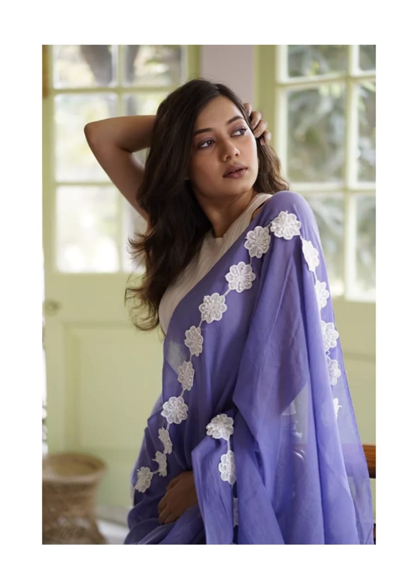 Lavender Purple Georgette Fancy Lace Attech Saree